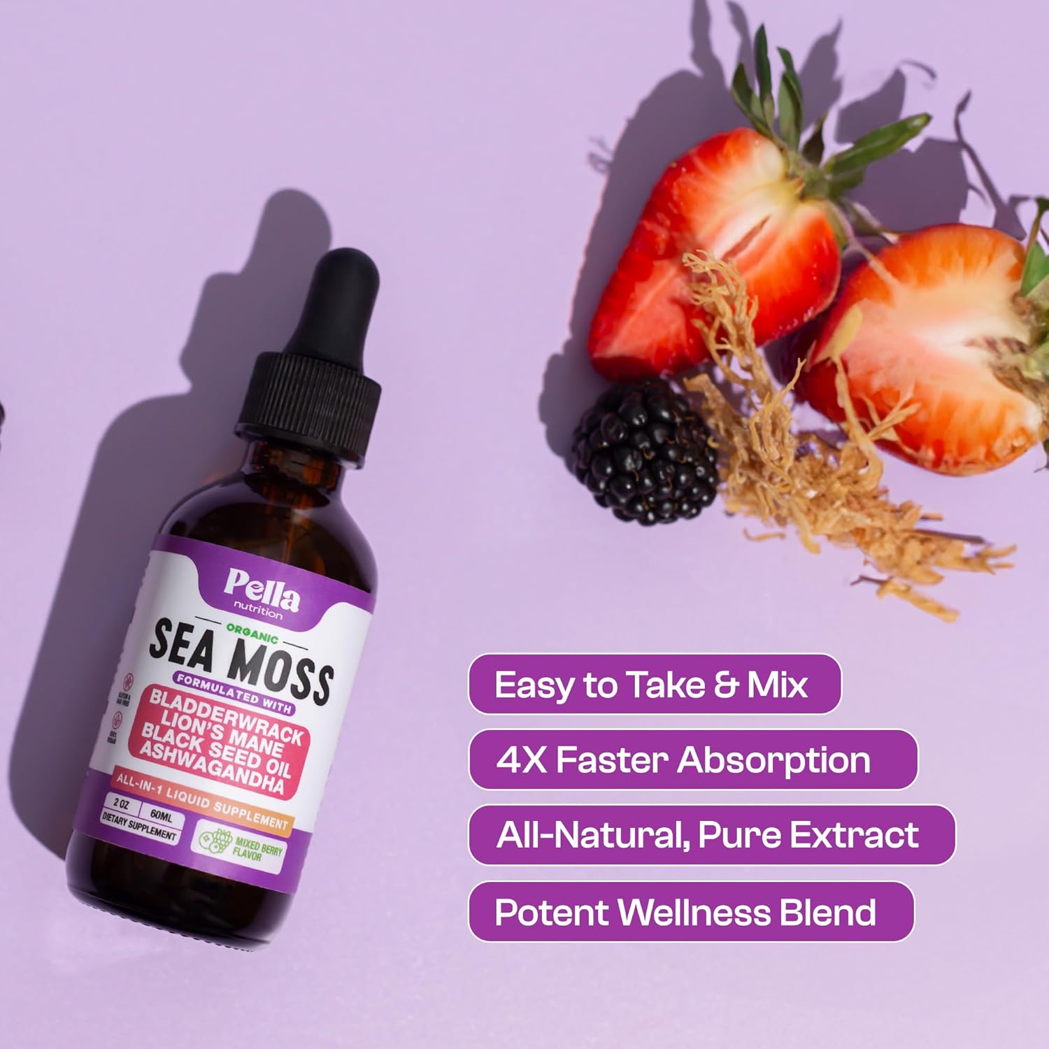 Sea Moss and Ashwagandha Liquid Supplement - Infused with Lion's Mane, Black Seed Oil, and Bladderwrack - Vegan, Easy-to-Mix Formula - Supports Antioxidant Activity & Immune Health (Mixed Berry, 60mL) - Image 5