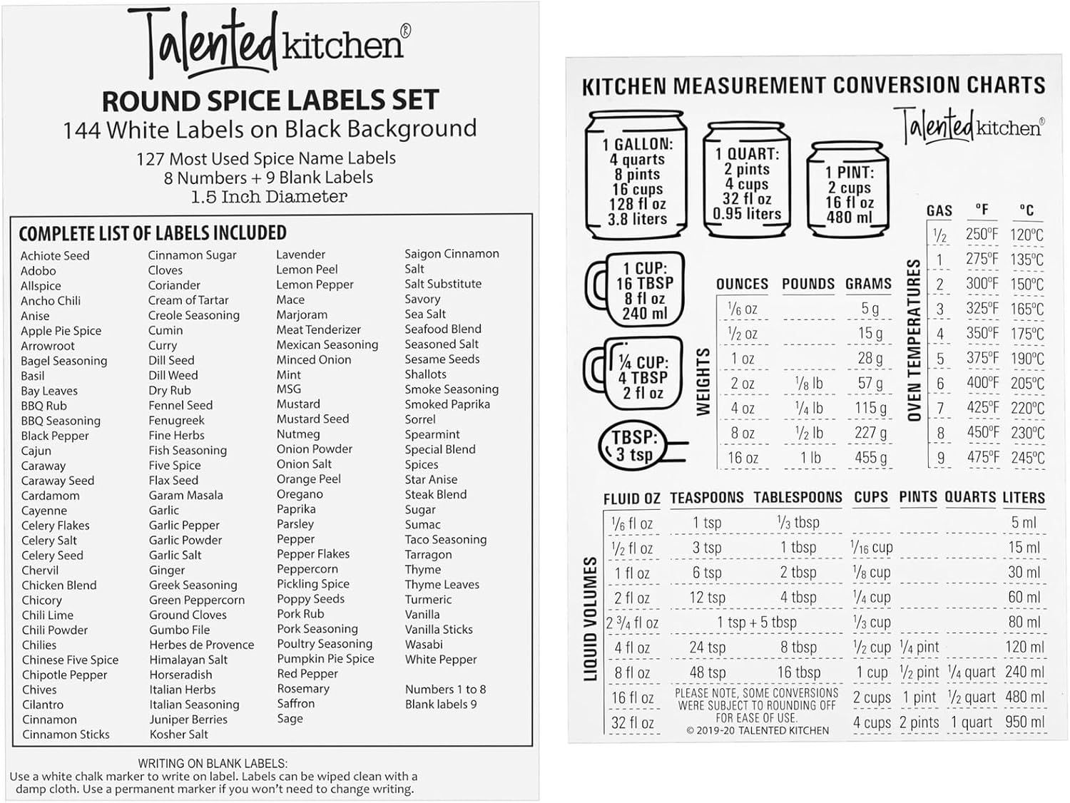 Talented Kitchen 12 Magnetic Spice Jars for Refrigerator with 3 Metal Wall Bases, 269 Preprinted Seasoning Labels, 2 Styles, 1 Cooking Conversion Chart, for 3 oz Containers - Magnetic Spice Containers - Image 9