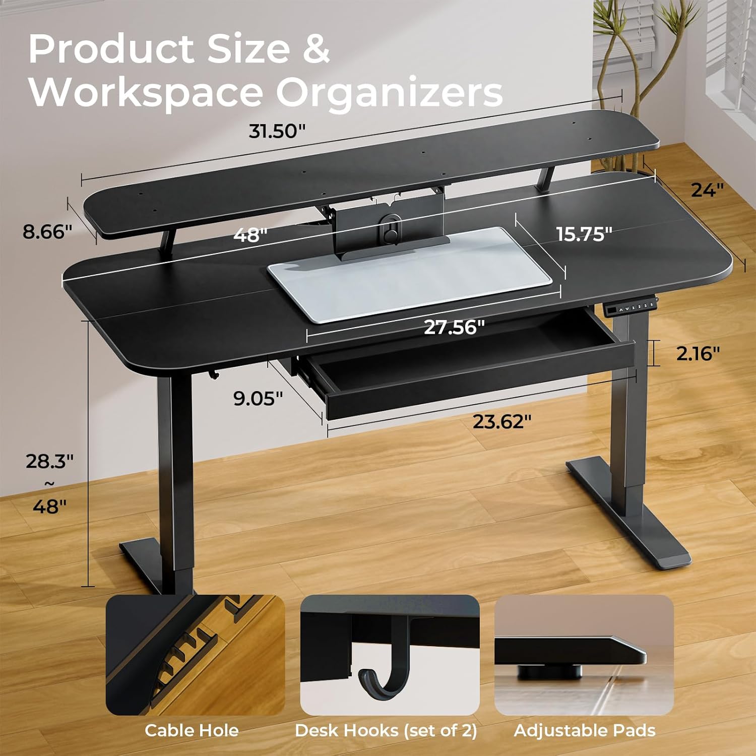 COMHOMA Electric Standing Desk with Drawers, 48 x 24'' Sit Stand up Desk with Monitor Stand, Laptop Stand, Height Adjustable Ergonomic Home Office Computer Desk with Memory Preset Controller (Black) - Image 3