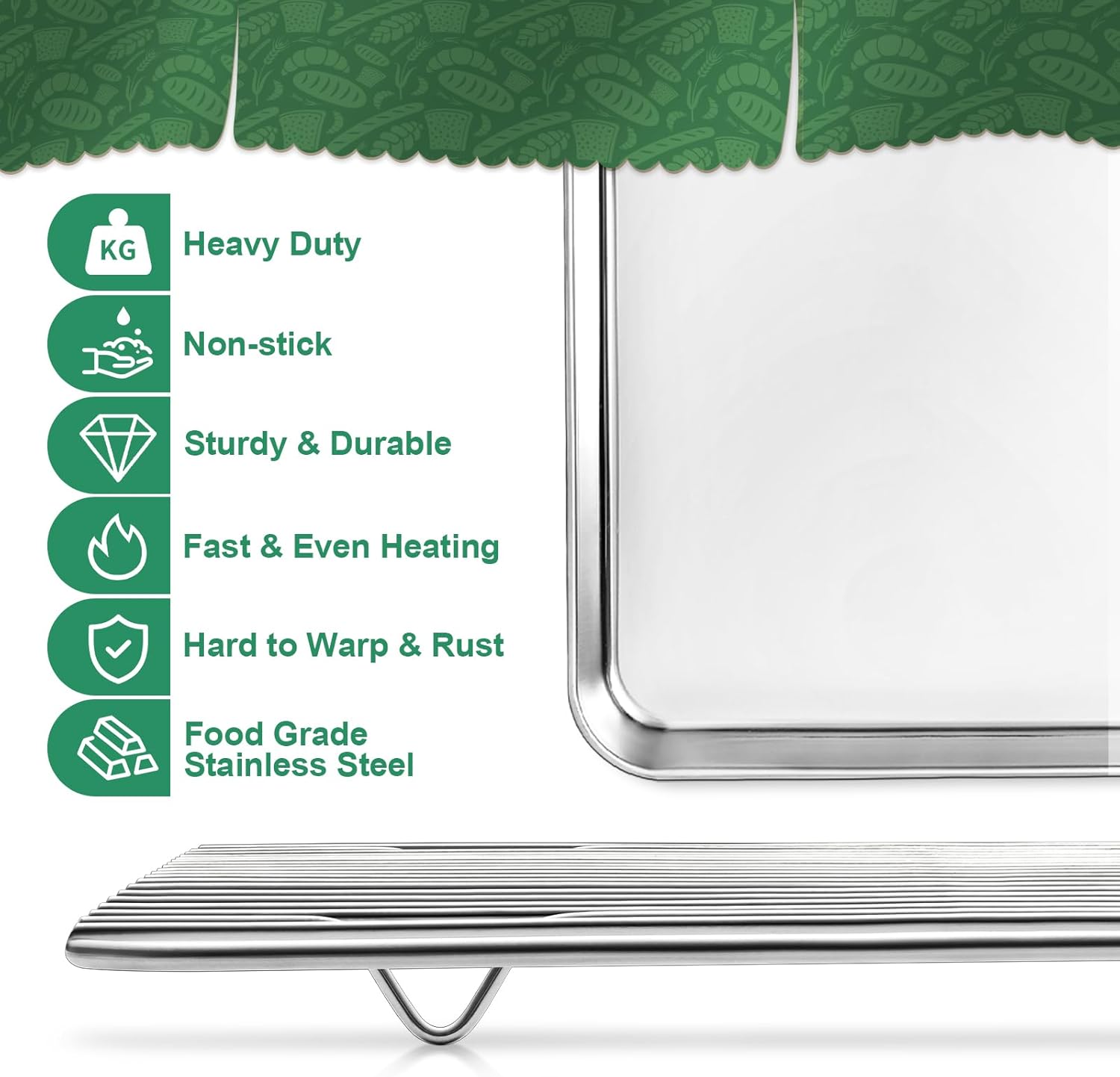 Stainless Steel Baking Sheets with Rack, HKJ Chef Cookie Sheets and Nonstick Cooling Rack & Baking Pans for Oven & Toaster Oven Tray Pans, Rectangle Size 12.5L x 10W x 1H inch & Non Toxic & Healthy - Image 4