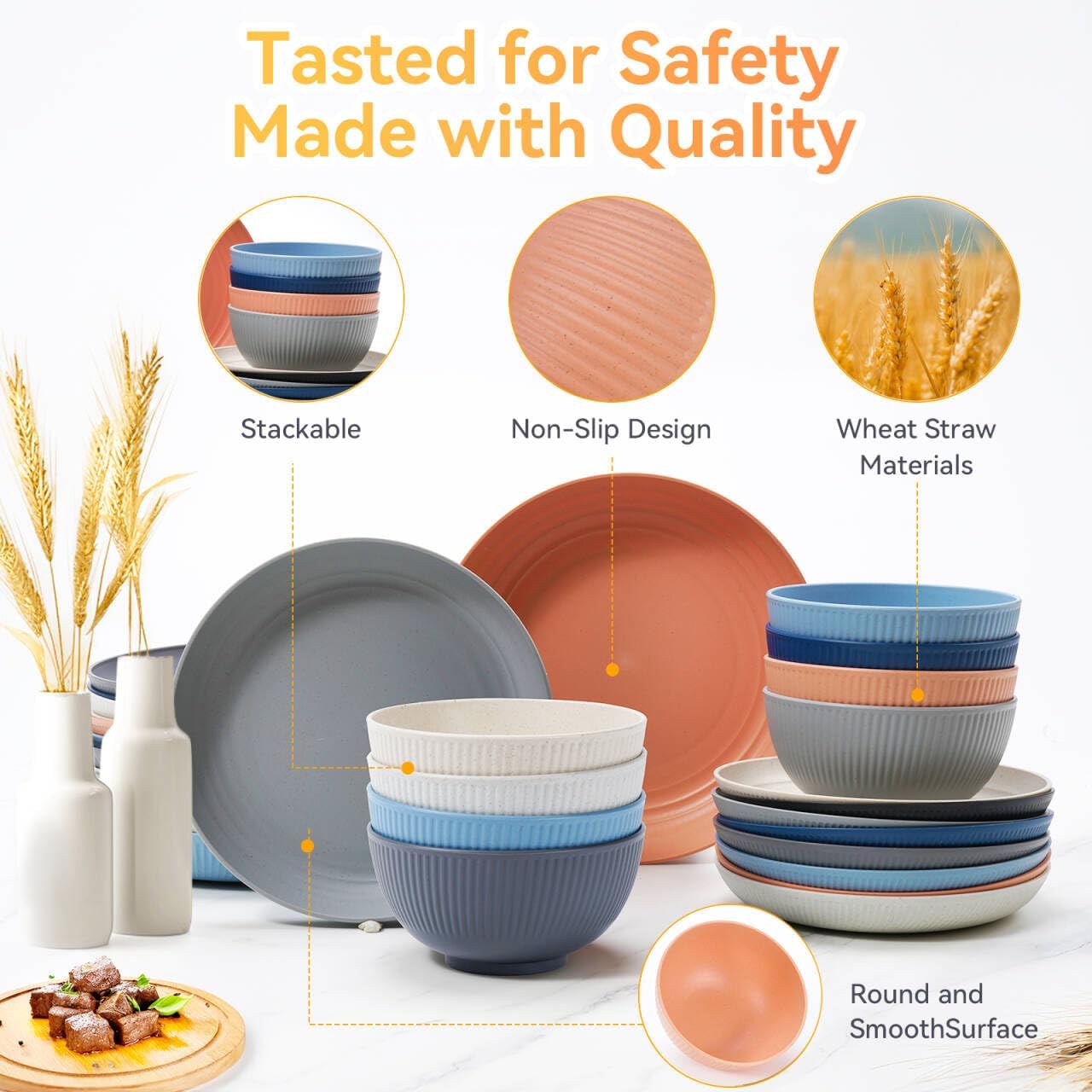 Wheat Straw Dinnerware Sets,64-Piece Black Plates and Bowls Sets for 8-Unbreakable,Reusable Plastic Dish Set-Dinner Plate/Dessert Plate/Cereal Bowl/Cup/Utensils-Microwavable Dishwasher Safe 64P-BLACK - Image 5
