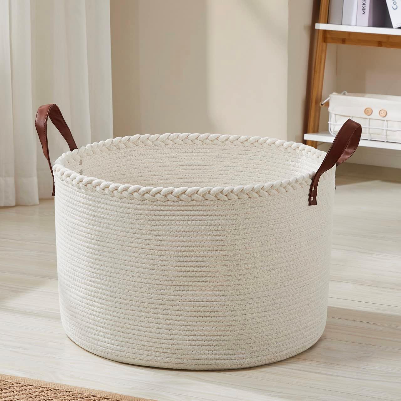 XLarge Round Cotton Rope Storage Basket Bin Organizer Laundry Hamper with Leather Handles, 21 x 21 x 14, Extra Large Blanket Woven Basket for Nursery - Cream - Image 2