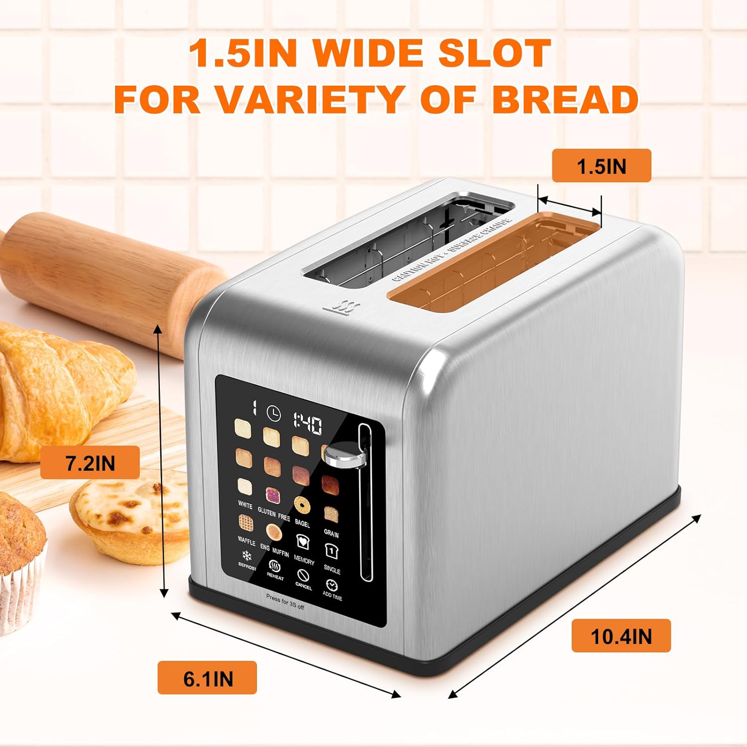 2 Slice Toaster Touch Screen, Stainless Steel Toasters Digital Timer 2 Slot Toasters, 8 Shade Settings 6 Bread Types for Bagel, Cancel, Defrost(Stainless Steel) - Image 7