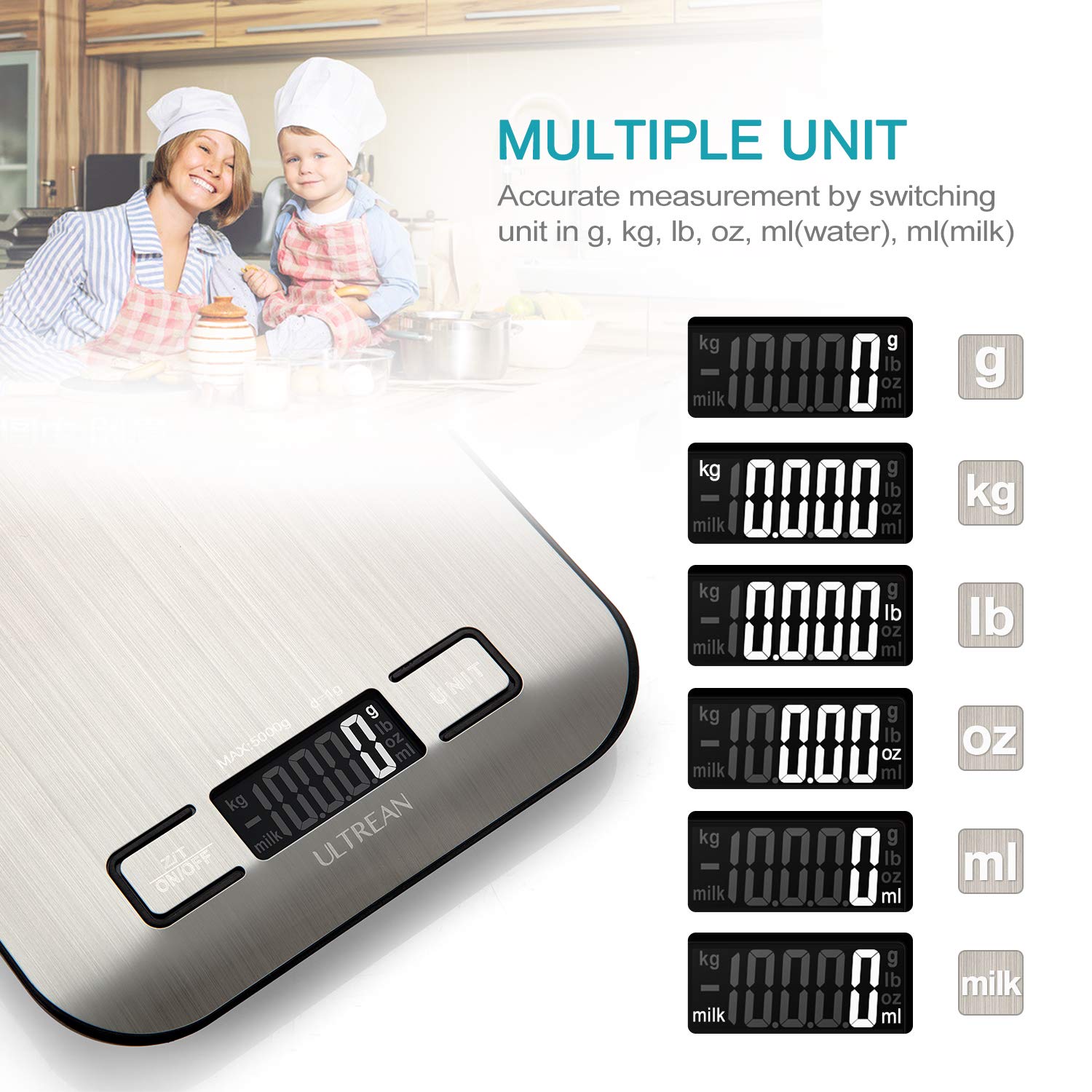 Ultrean Food Scale, Digital Kitchen Scale Weight Grams and Ounces for Baking Cooking and Meal Prep, 6 Units with Tare Function, 11lb (Batteries Included) - Image 3