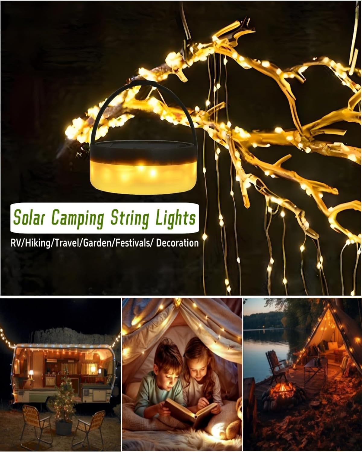 Solar Camping String Lights, 32.8FT Fairy String Lights 130LEDs, Portable Waterproof Camping Lamp with 8 Lighting Modes, Hanging Rechargeable Tent Lantern for Awning Garden Yard Party Decor - Image 6