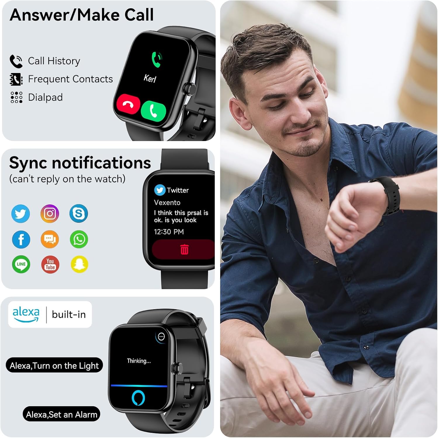 Smart Watch with Alexa Built-in, 1.83" HD Touchscreen, Bluetooth Call/Make Calls, IP68 Waterproof Fitness Tracker with 120+ Sport Modes, 24/7 Heart Rate & Sleep Monitor for iOS/Android (Black) - Image 3