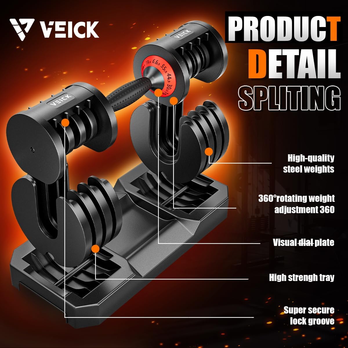 VEICK 25/55 lbs Adjustable Dumbbell with Anti-Slip Turning Handle, Fast Adjust Weight for Men Women, Exercise Equipment with Tray for Home Gym Full Body Workout Fitness - Image 4