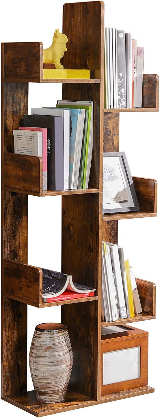 VASAGLE Bookcase, Tree-Shaped Bookshelf with 8 Storage Shelves, Rounded Corners, 19.7 x 9.8 x 55.1 Inches, Rustic Brown ULBC66BXV1 - Image 9