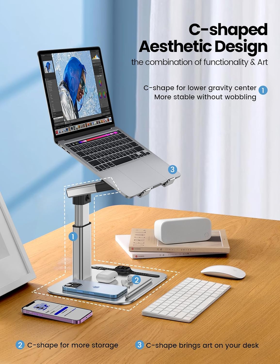 Vaydeer Portable Standing Desk Converter, All-in-One Aluminum Laptop Stand Adjustable Height 360° Rotation, Ergonomic Riser, Universal Fit for MacBook Pro and All Laptops, Sit-to-Stand Design - Image 8