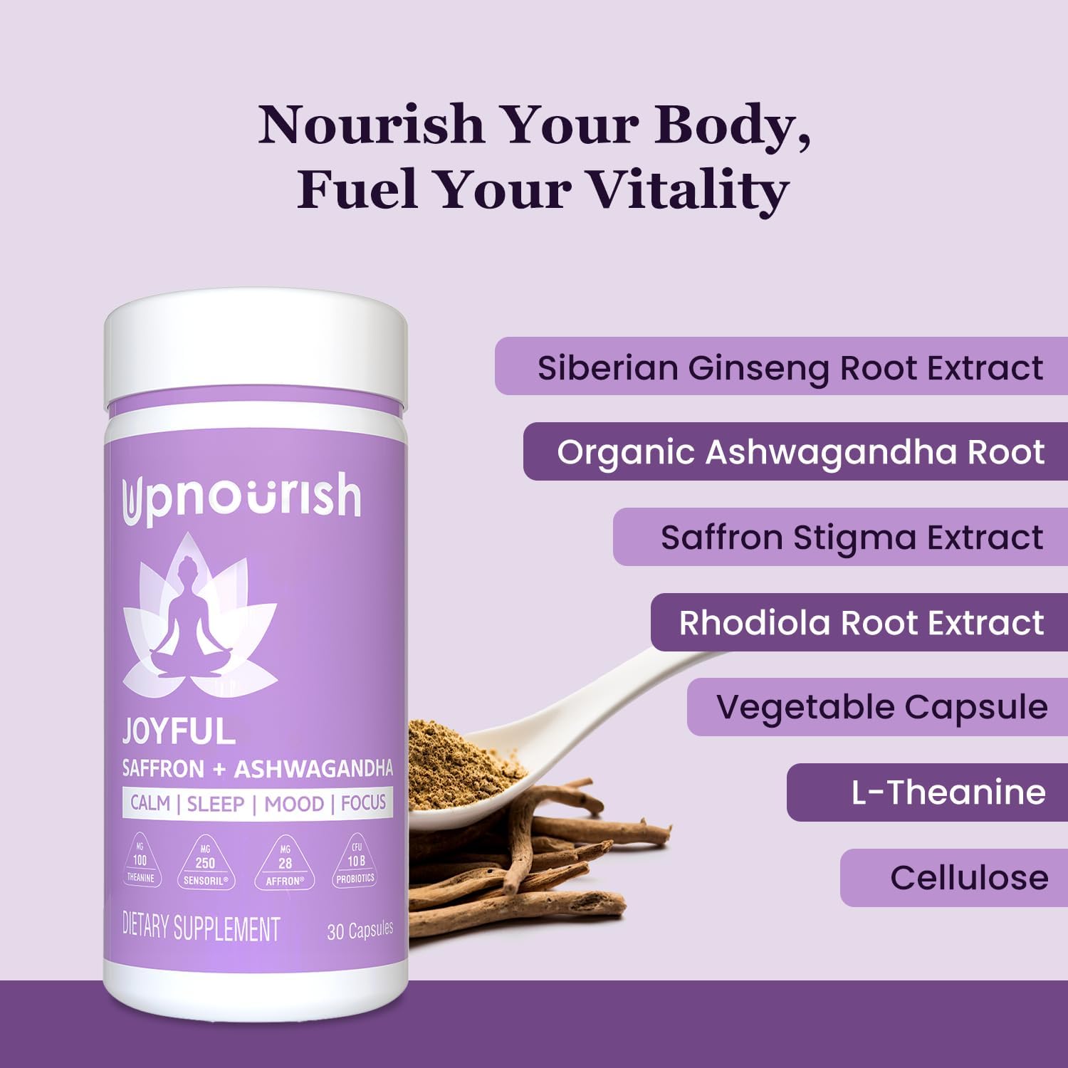 UpNourish Organic Ashwagandha Saffron Supplements with Probiotics - Stress Relief, Mood Enhancer, Calm Happy Pills Support Fatigue Focus Clarity with L-Theanine, Rhodiola, 30 Vegan Capsules - Image 3
