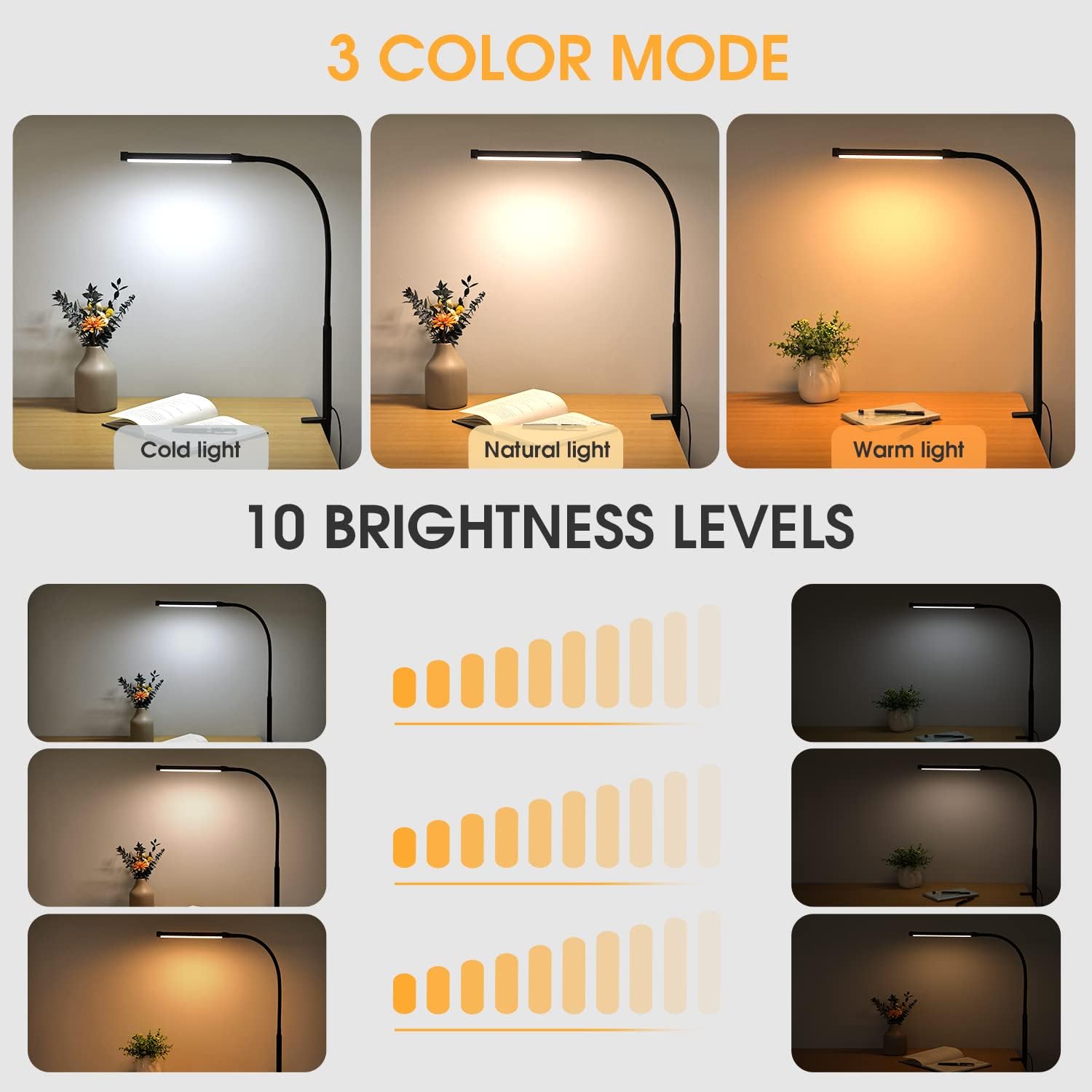LED Desk Lamp with Clamp, Eye-Caring Clip on Lights for Home Office, 3 Modes 10 Brightness, Long Flexible Gooseneck, Metal, Swing Arm Architect Task Table Lamps with USB Adapter, Black - Image 3