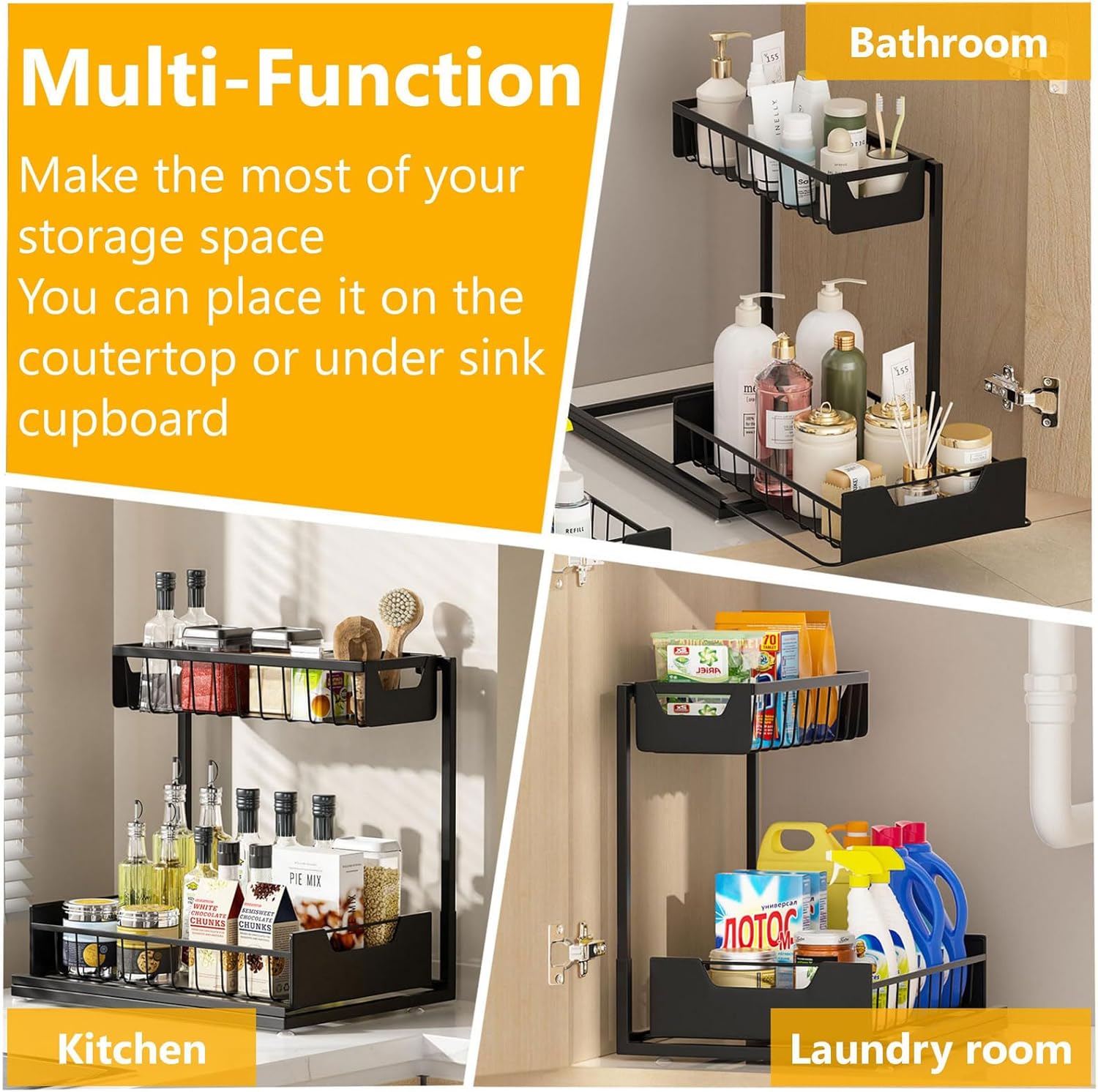 Under Kitchen Sink Organizers and Storage Pull Out 2 Tier Metal Bathroom Cabinet Organizer (Black, 1 Pack) - Image 8