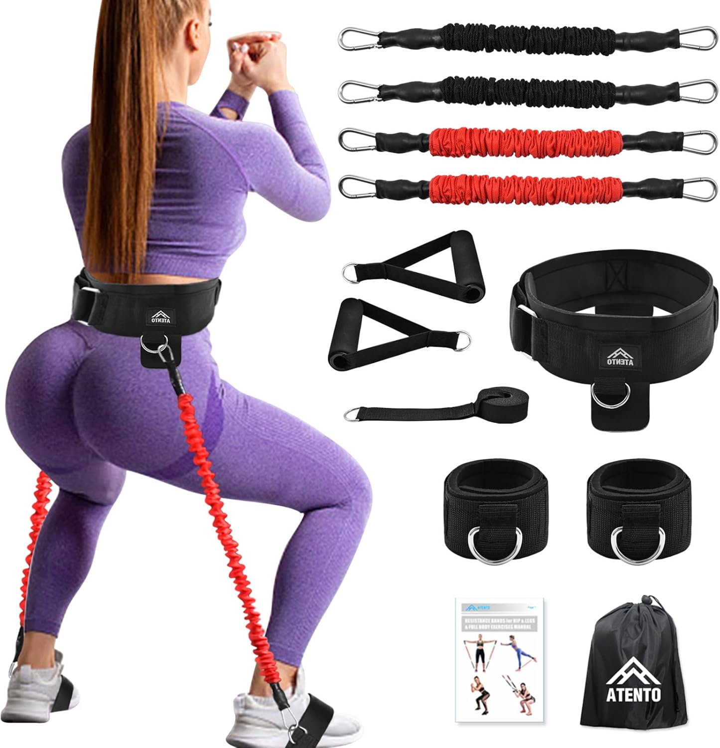 ATENTO 12 Pcs Set Resistance Bands for Legs and Butt, Fitness Elastic Band with Handles,Gym Belt, 4 Pcs Workout Band for Women & Men, Leg Day, Full Body Routine Exercise with Door Anchor, Ankle Strap - Image 2