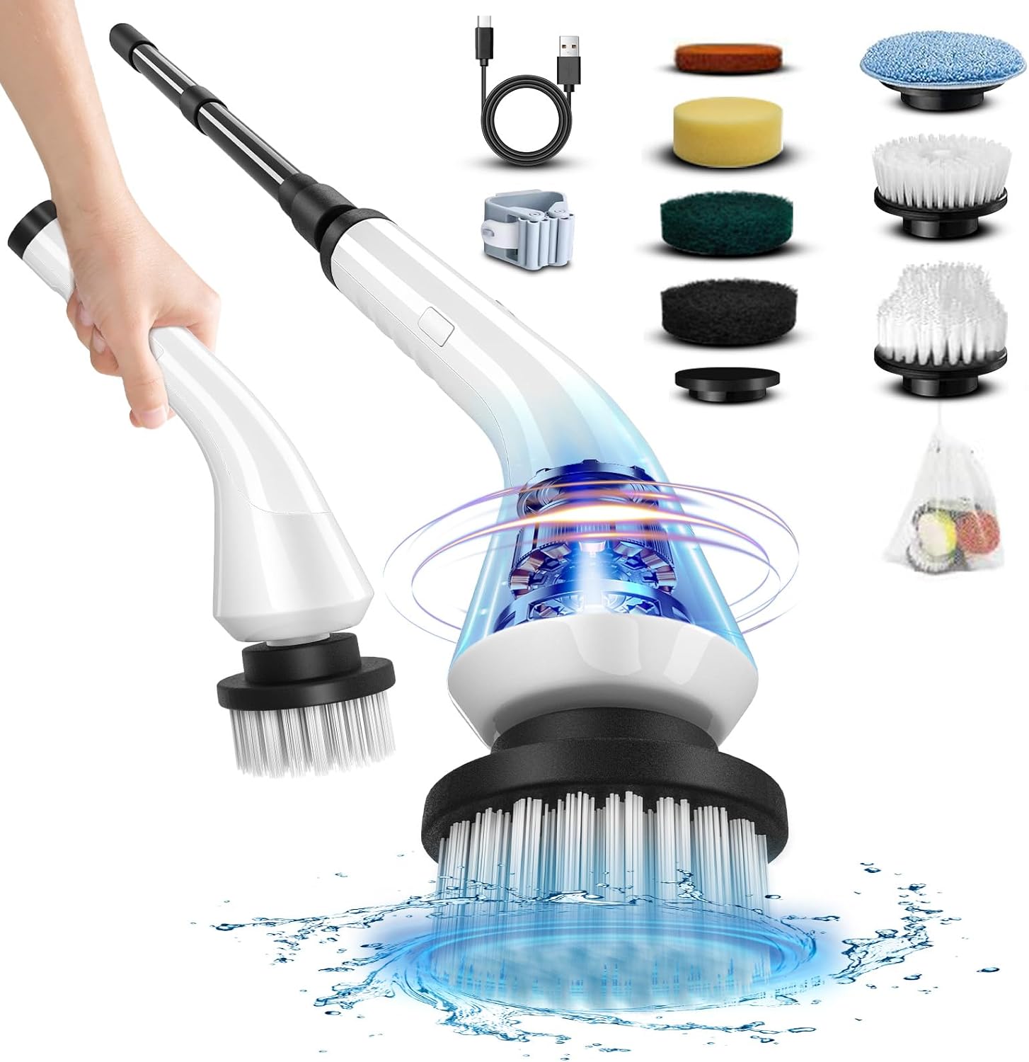 Electric Spin Scrubber - Cordless Cleaning Brush with 8 Replaceable Brush Heads and Adjustable Extension Handle, Power Dual Speed Shower Cleaning Scrubber for Bathroom, Tub, Tile, Floor, etc (White) - Image 2