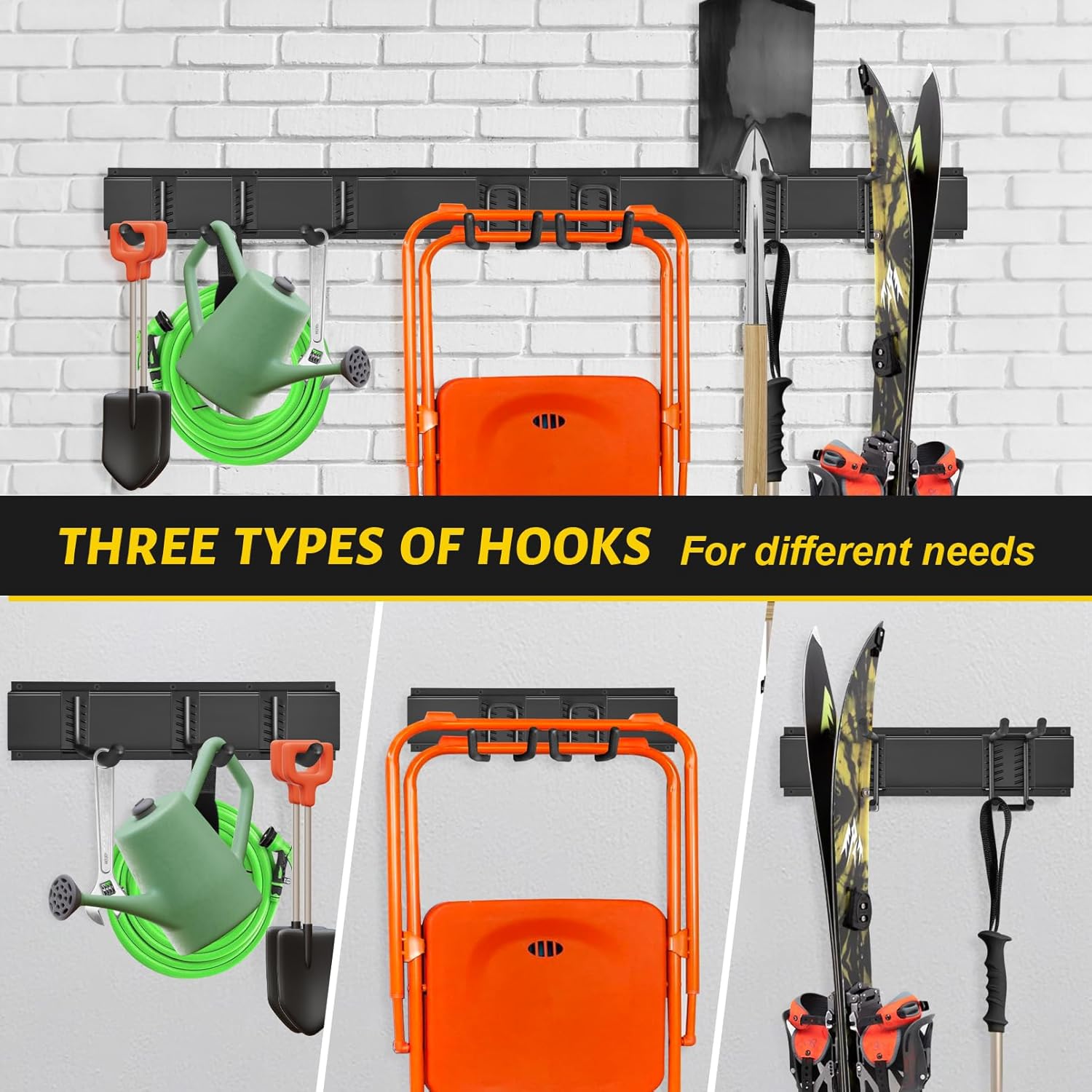 Garage Storage Organizer, Wall Mount Garden Tool Organizer, 48 Inches Max Loading 440lbs Adjustable Metal Hooks, Yard Shed Rack, Tool Holder for Hanging Rake Broom Mop Snowboard - Image 6