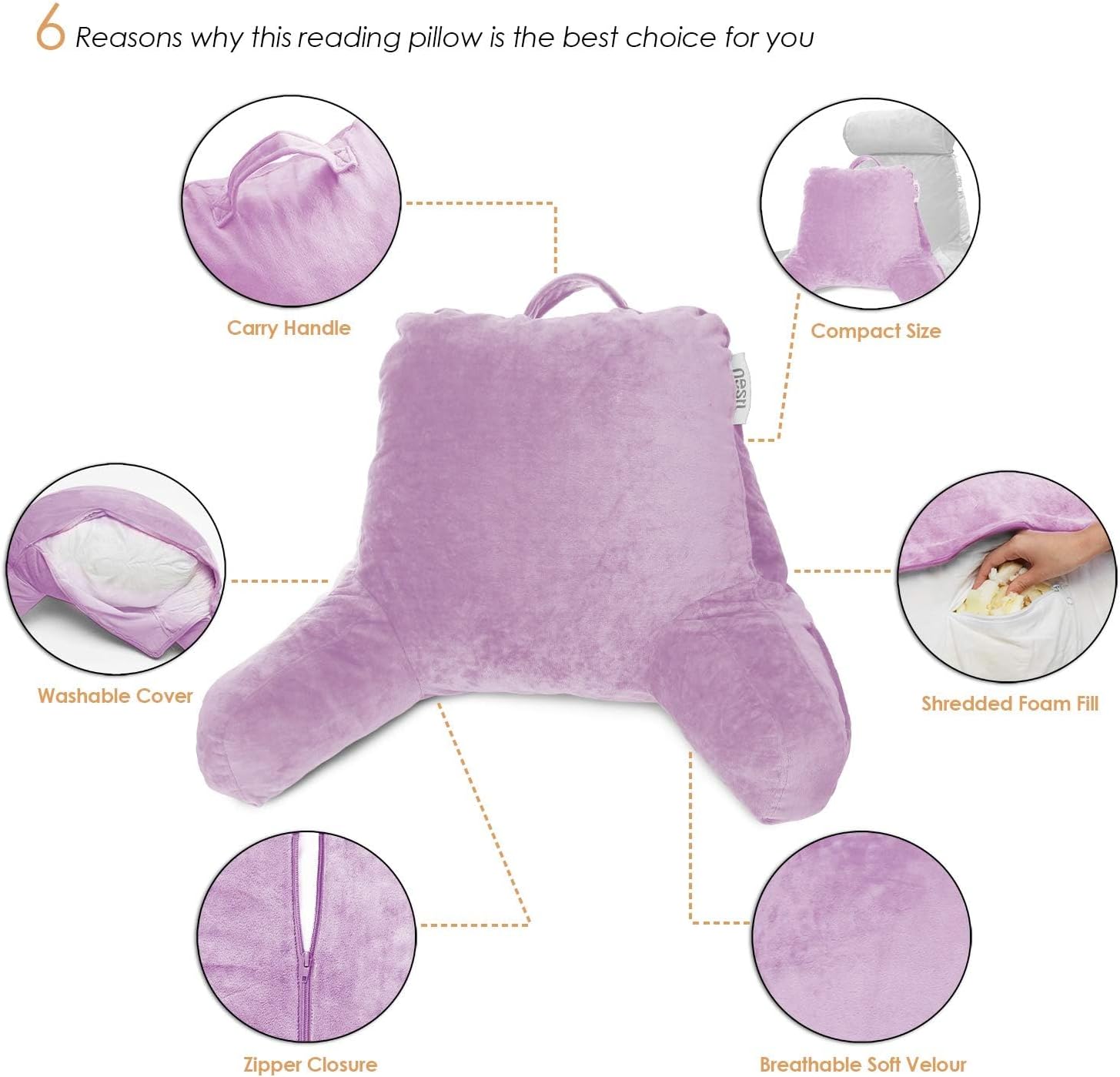 Nestl Reading Pillow with Portable Laptop Lap Desk, Velvet Feel Back Pillow for Sitting in Bed, Shredded Memory Foam Back Support Pillow for Bed, Bed Rest Pillow with Arms, Small - Lavender - Image 5