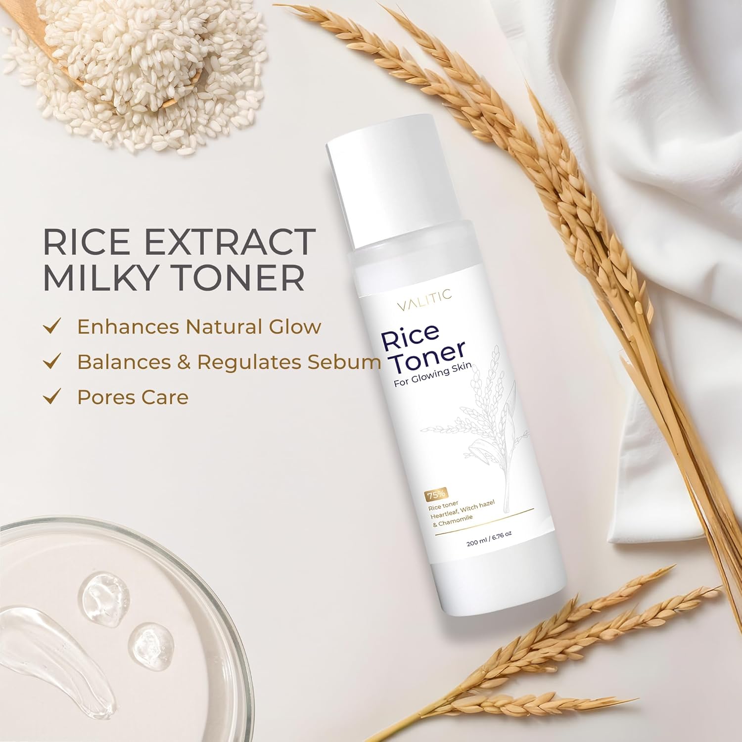 VALITIC Rice Toner - 75 Rice Extract Milky Toner for Face with Niacinamide, Heartleaf, Witch Hazel and Chamomile Essence - Facial Glass Skin Hydrating Skin Care - 200 ml, 6.76 fl oz - Image 3