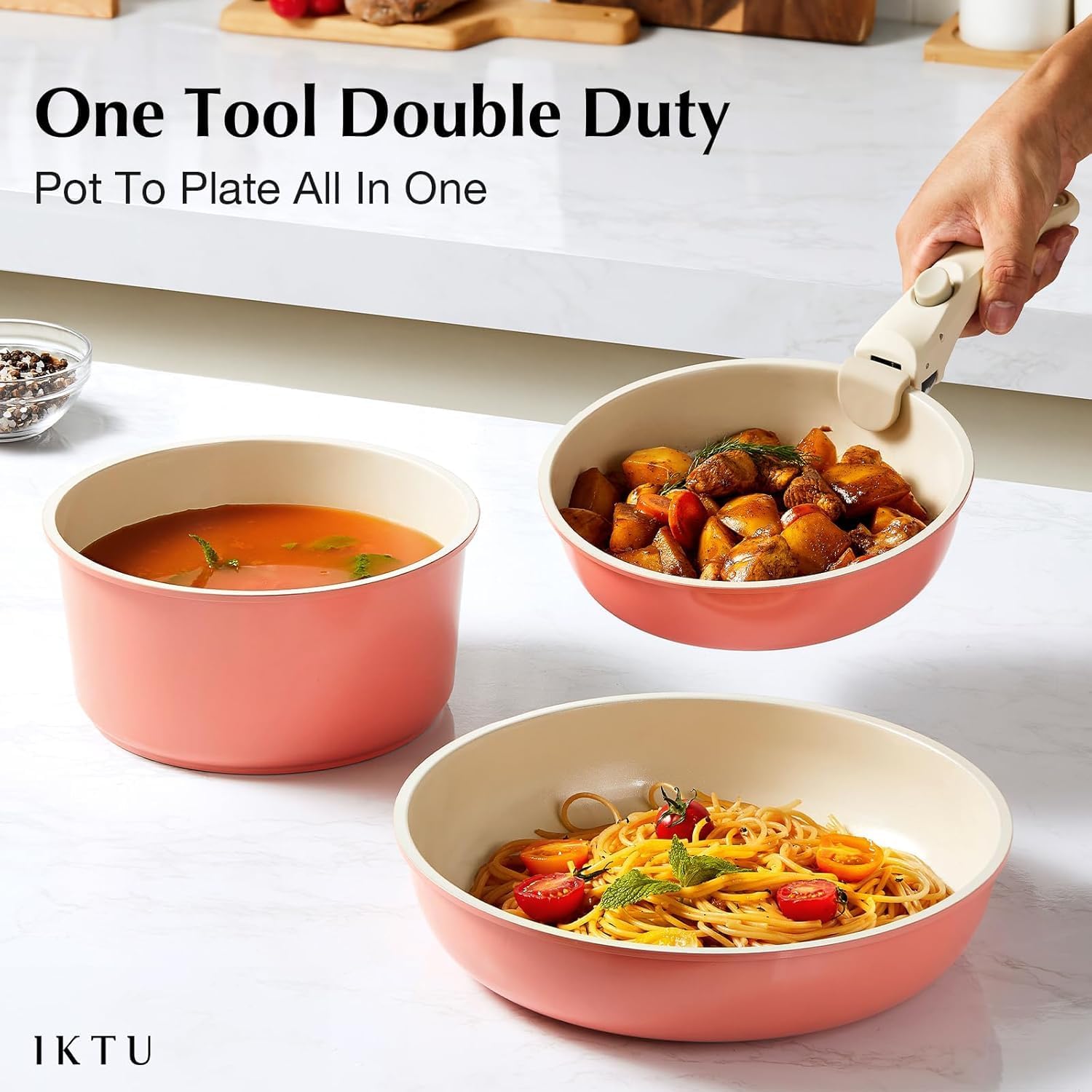 Ceramic Pots and Pans Set Non Stick Pink, 8 Pcs Nonstick Cookware Set with Detachable Handle RV Camping Induction Kitchen Cookware Set Non Stick, PFAS PFOA & PTFE Free - Image 6