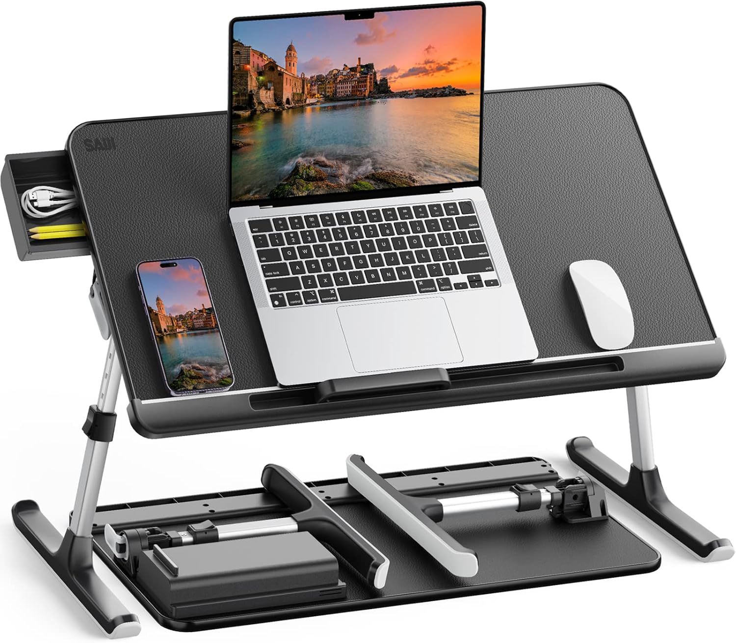SAIJI Laptop Bed Tray Table, Adjustable PVC Leather Laptop Bed Table, Portable Standing Desk with Storage Drawer, Foldable Lap Tablet Table for Sofa Couch Floor (Dark Black) - Image 2