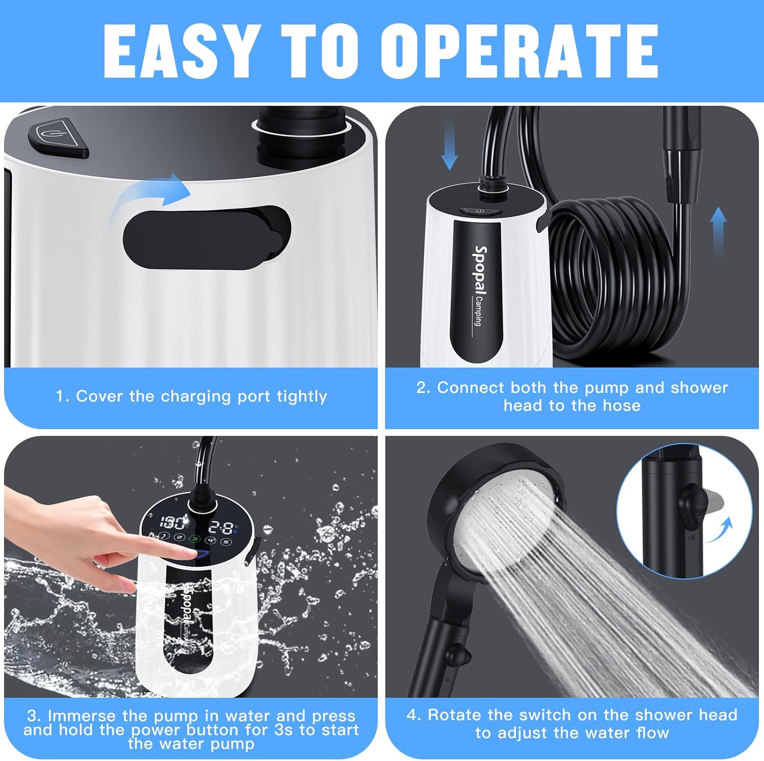 Portable Camping Shower - 10000mAh Rechargeable, 5-Speed, IPX8 Waterproof, LED Display Camp Shower Pump- Perfect for Hiking, Travel, Cars & Pets - Image 6