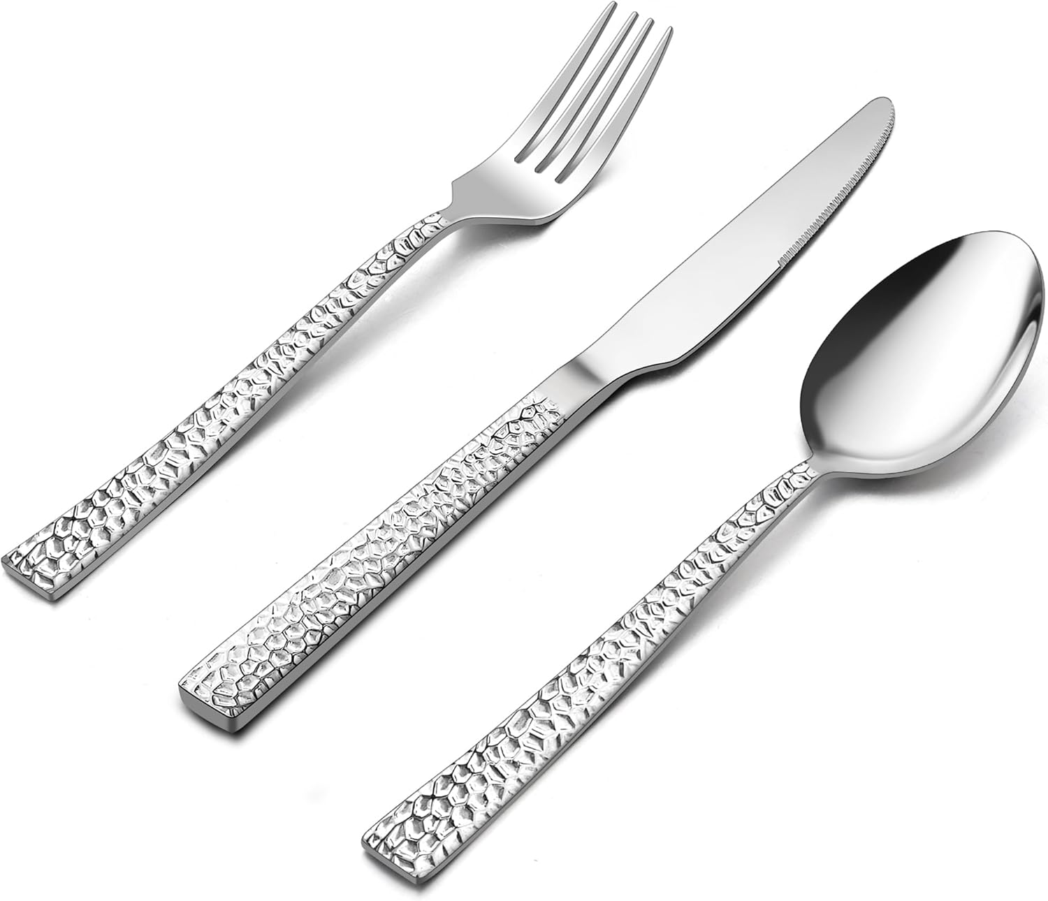 E-far 24-Piece Hammered Forks Spoons and Knives Set, Silverware Set for 8, Stainless Steel Square Flatware Set for Home Kitchen Restaurant, Mirror Polished & Dishwasher Safe - Image 2