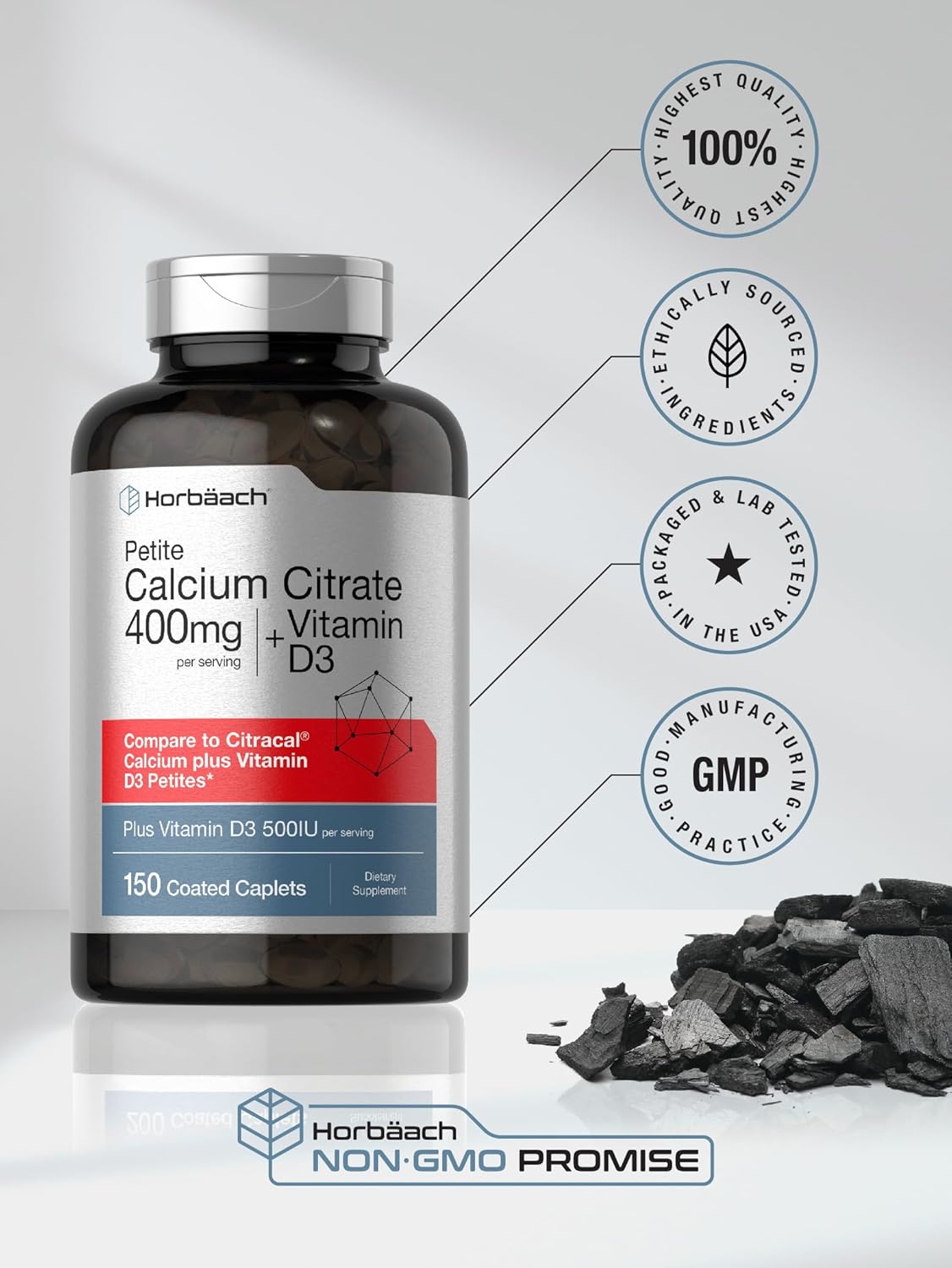 Horbäach Calcium Citrate with Vitamin D3 | 150 Petite Coated Caplets | Supplement for Men and Women | Vegetarian, Non-GMO & Gluten Free - Image 7