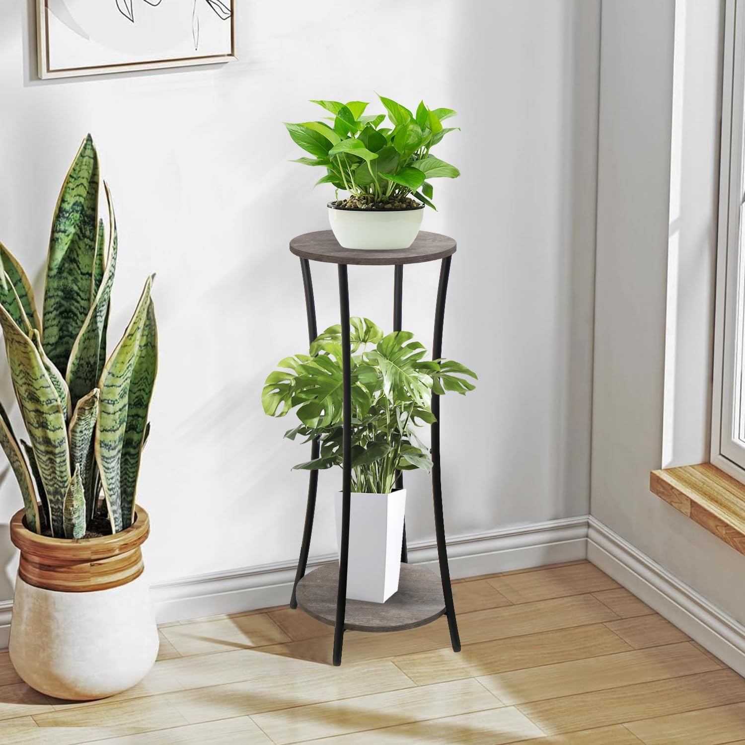 YINMIT Plant Stand Indoor,2 Tier Round Potted Holder Rack,Flower Pot Stand Shelf,Round Supports Rack,Corner Plant Shelf for Balcony Garden Patio Living Room,Grey - Image 7