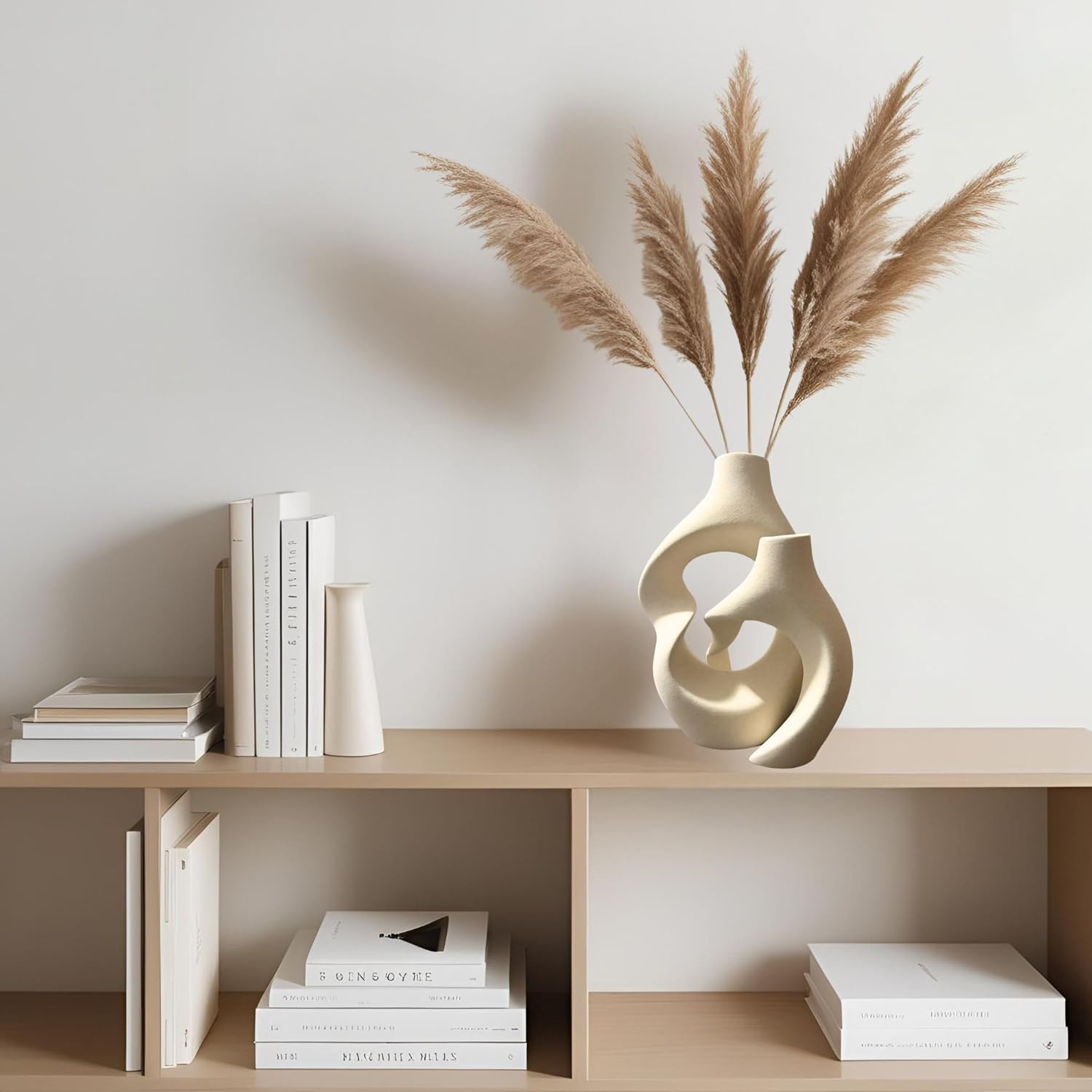 Ceramic Vase Set of 2 – Hollow Donut Flower Vase for Home Decor, Modern Nordic Boho Aesthetic Vases for Coffee Table Decor, Bookshelf Decor, Living Room, Entryway, Office Display (Cream White) - Image 4