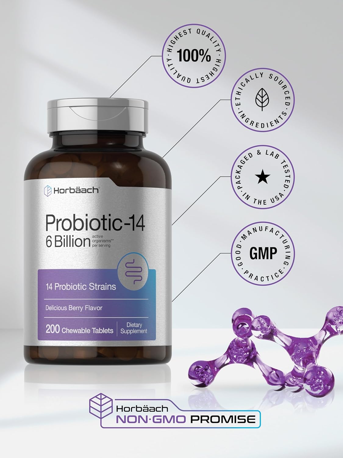 Horbäach Probiotics 6 Billion CFUs | 200 Chewable Tablets | Berry Flavor | 14 Probiotic Strains | Vegetarian, Non-GMO & Gluten Free Supplement for Men & Women - Image 7