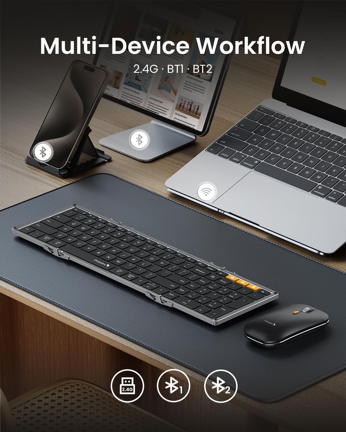 ProtoArc Foldable Keyboard and Mouse, XKM01 True Full-Size Folding Keyboard Mouse Combo for Business and Travel, 2.4G+Dual Bluetooth Portable Mouse Keyboard for Laptop iPads Tablets - Black Gray - Image 4