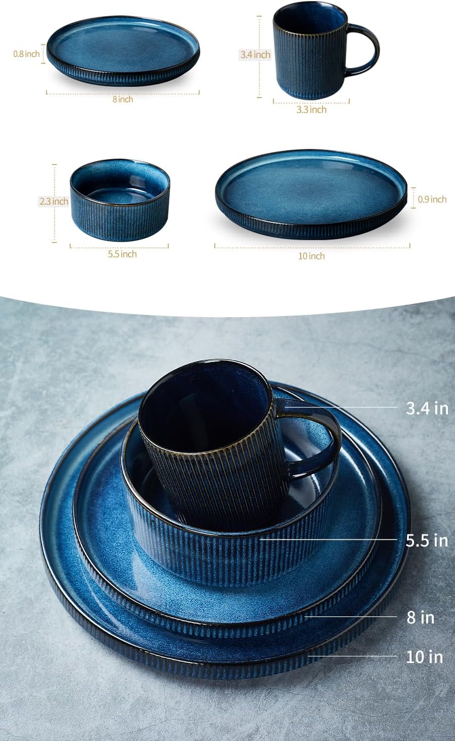 Famiware Star Dinnerware Set with Plates, Bowls and Mugs, Service for 4 (16-Piece), Stoneware Kitchen Dishes Dinner Plates - Nebulas Blue - Image 7