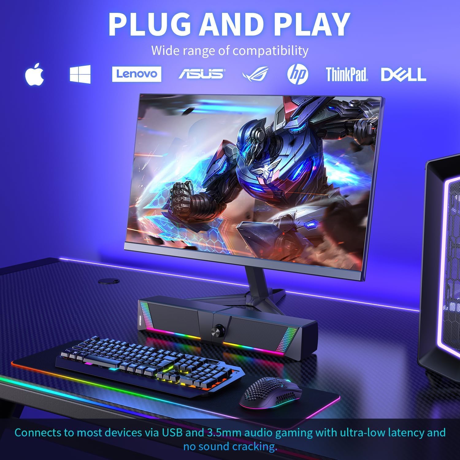 Computer Speakers, 2 in 1 PC Speaker , Gaming Speakers for PC Computer Laptop Desktop Monitor, RGB Speakers with Touch Sensitive Lighting, USB Powered 3.5mm Aux(Package Only Two Speaker, No Soundbar) - Image 8