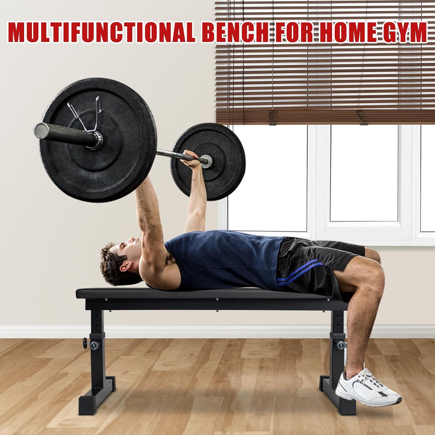 Flat Weight Bench, Utility Workout Adjustable Height Weight Bench Press with Thick Cushion & Anti-slip Foot Pads, Compact Strength Training for Exercise & Fitness, Home/Gym Easy Assembly - Image 7