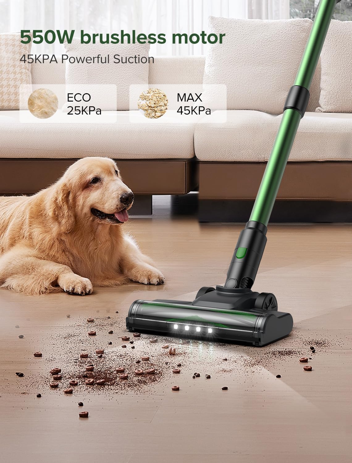 Cordless Vacuum Cleaner, 550W/45Kpa Vacuum Cleaners for Home, Stick Vacuum with Brushless Motor, 45Mins Runtime, Touch Screen, Self-Standing, Lightweight Handheld Vacuum for Pet Hair(Green) - Image 3