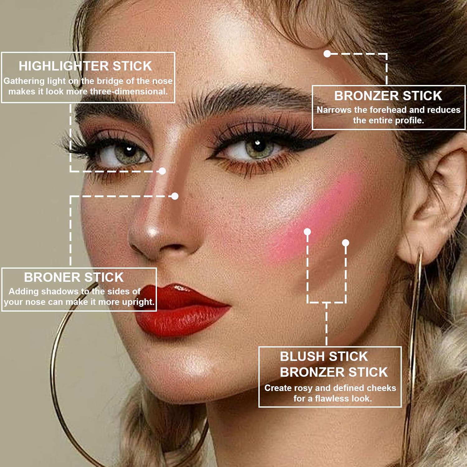 Lezero 3Pcs Contour Stick Makeup Kit, Shades with Highlighter, Blush and Bronzer Trio for Sculpt the Cheeks and Body, Long Lasting, Smooth, Dewy & Matte Finish, #1 LIGHT FAIR (08,11,14) - Image 6