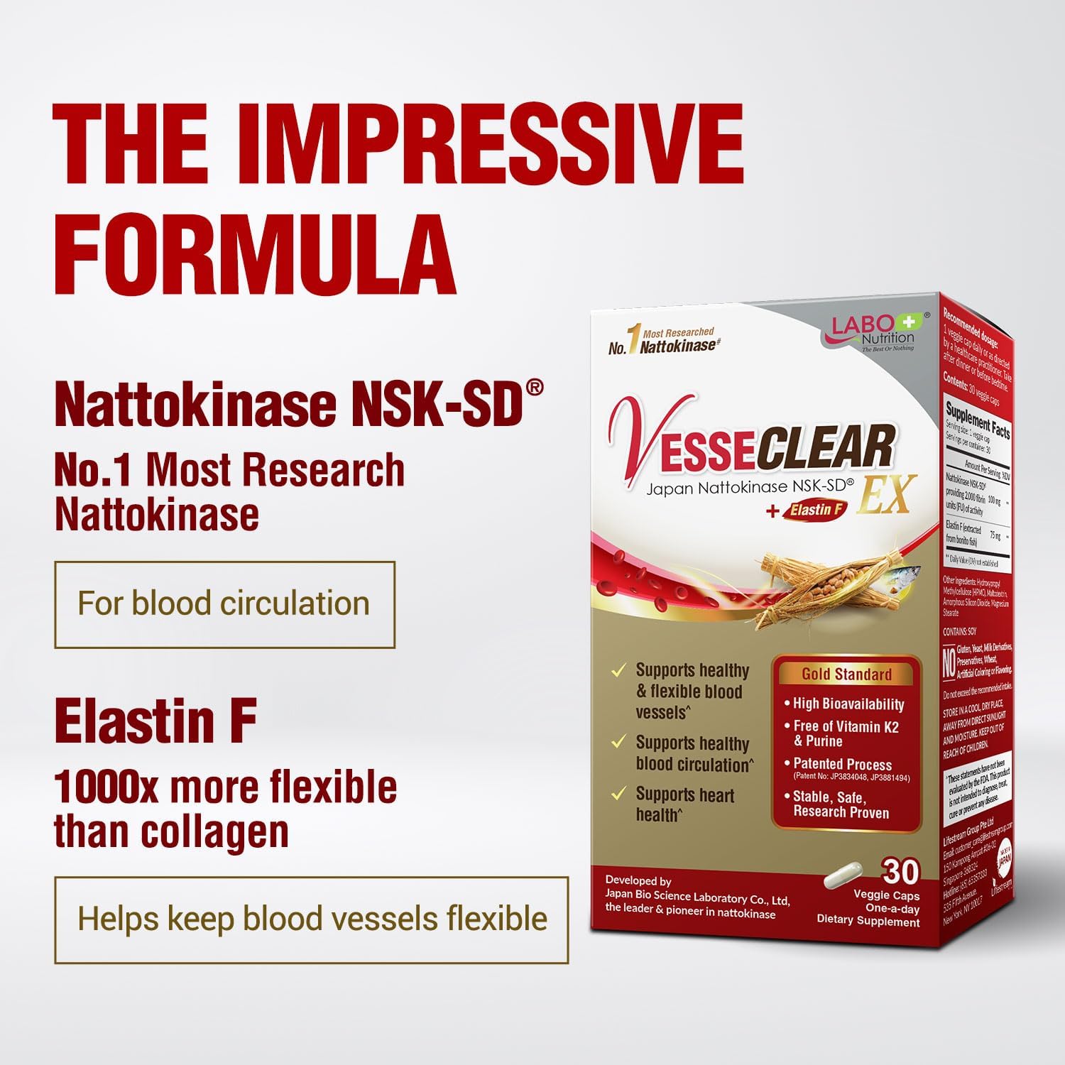 LABO Nutrition VesseCLEAR EX: Nattokinase NSK-SD+Elastin F for Clean & Flexible Blood Vessel. Japan's Most Clinically Studied, Functional Dose, Acid-Resistant/Delayed Release Capsules, 90 Count - Image 6