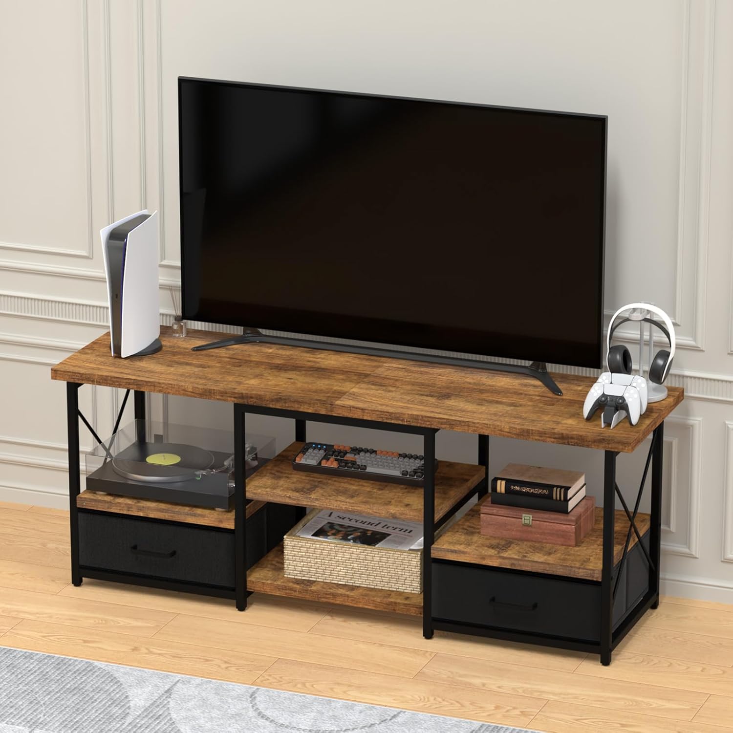TV Stand with Fabric Drawers for 55 60 65 Inches TV - Modern Entertainment Center with Open Shelves and Cable Management, Industrial Style TV Console for Living Room, Bedroom - Image 8