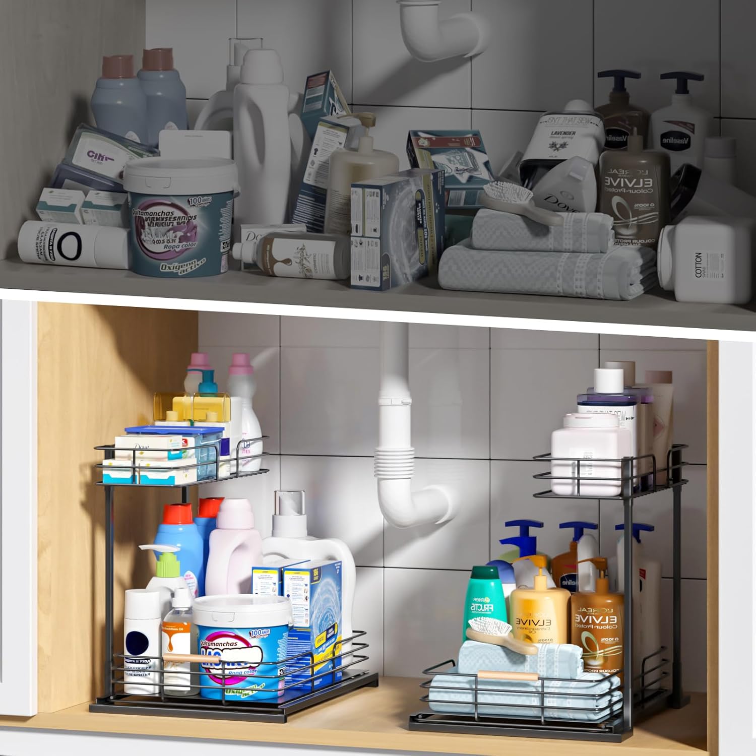 LAMU 2Pack Under Sink Organizers and Storage, 2 Tier Bathroom Kitchen Cabinet Organizers and Storage, Pull Out Under Sink Storage Kitchen Shelf Organizer for Under Counter Storage Organizer - Image 8