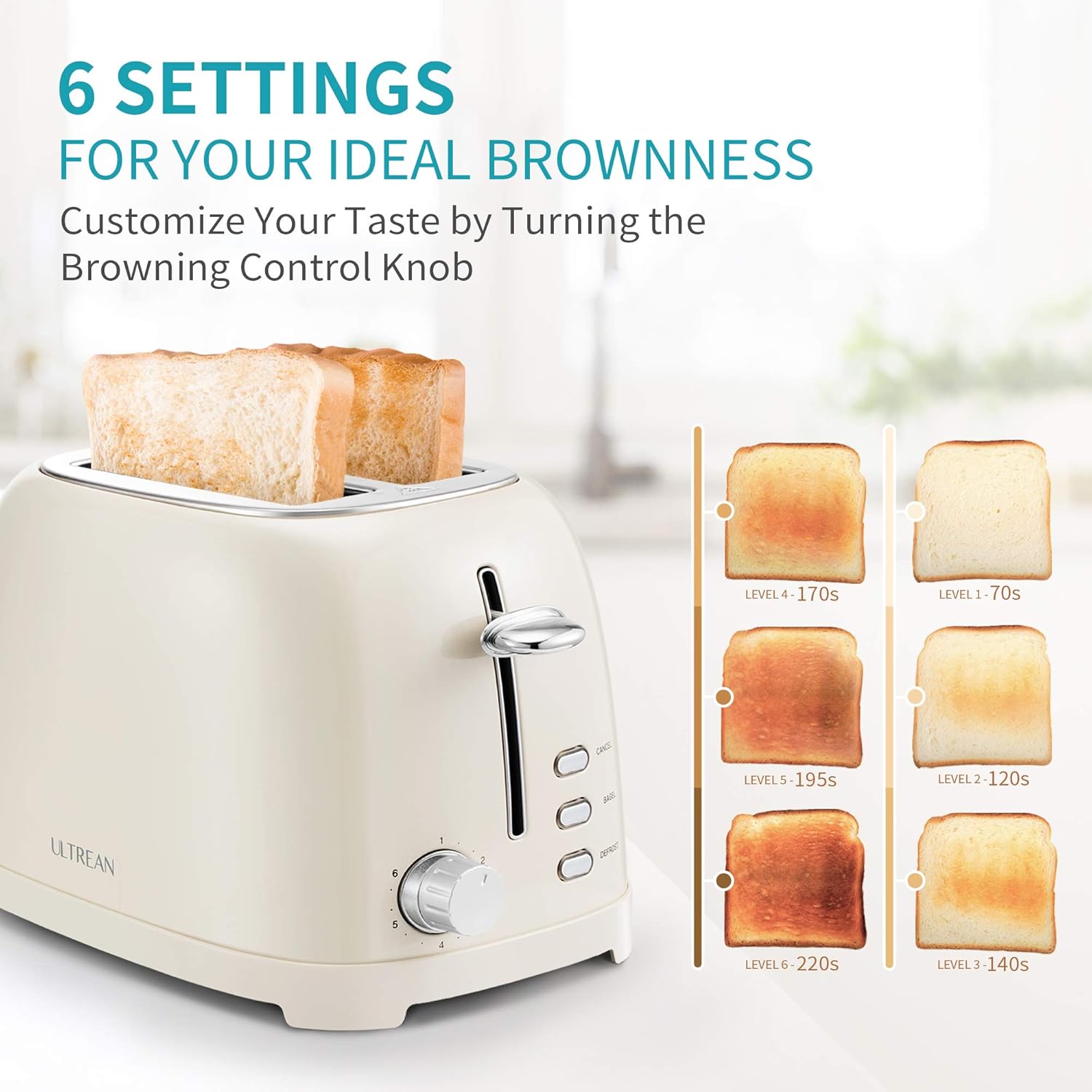 Ultrean Toaster 2 Slice with Extra-Wide Slot for Toasting Bagels, Breads, Waffles & More, Stainless Steel Material with Removable Crumb Tray, 6 Browning Settings - Image 4