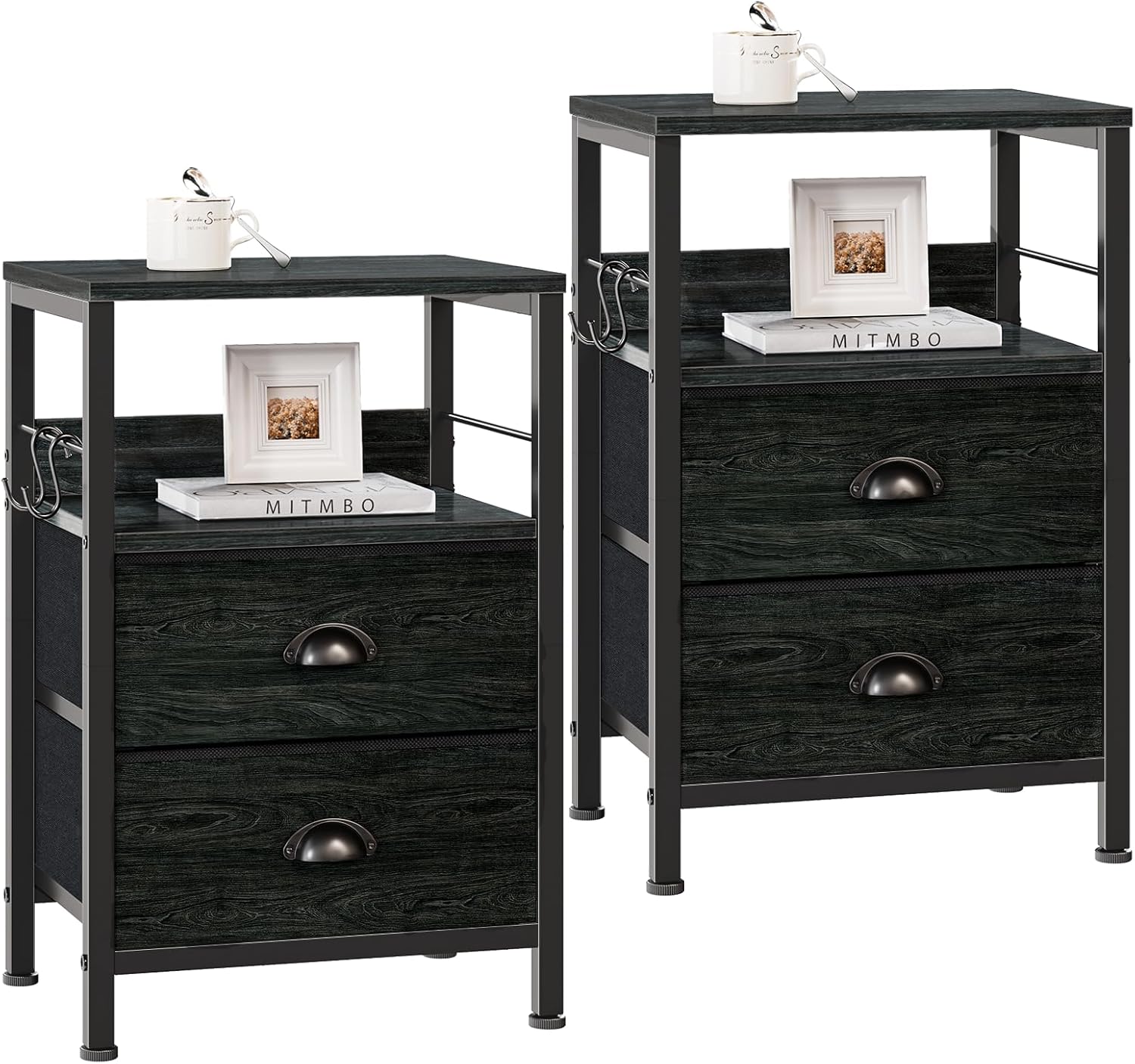Furologee Nightstands Set 2, End Tables with 2 Fabric Drawers, Bedside Tables with Hooks and Shelf, for Bedroom/Living Room/Study/Black Oak - Image 2