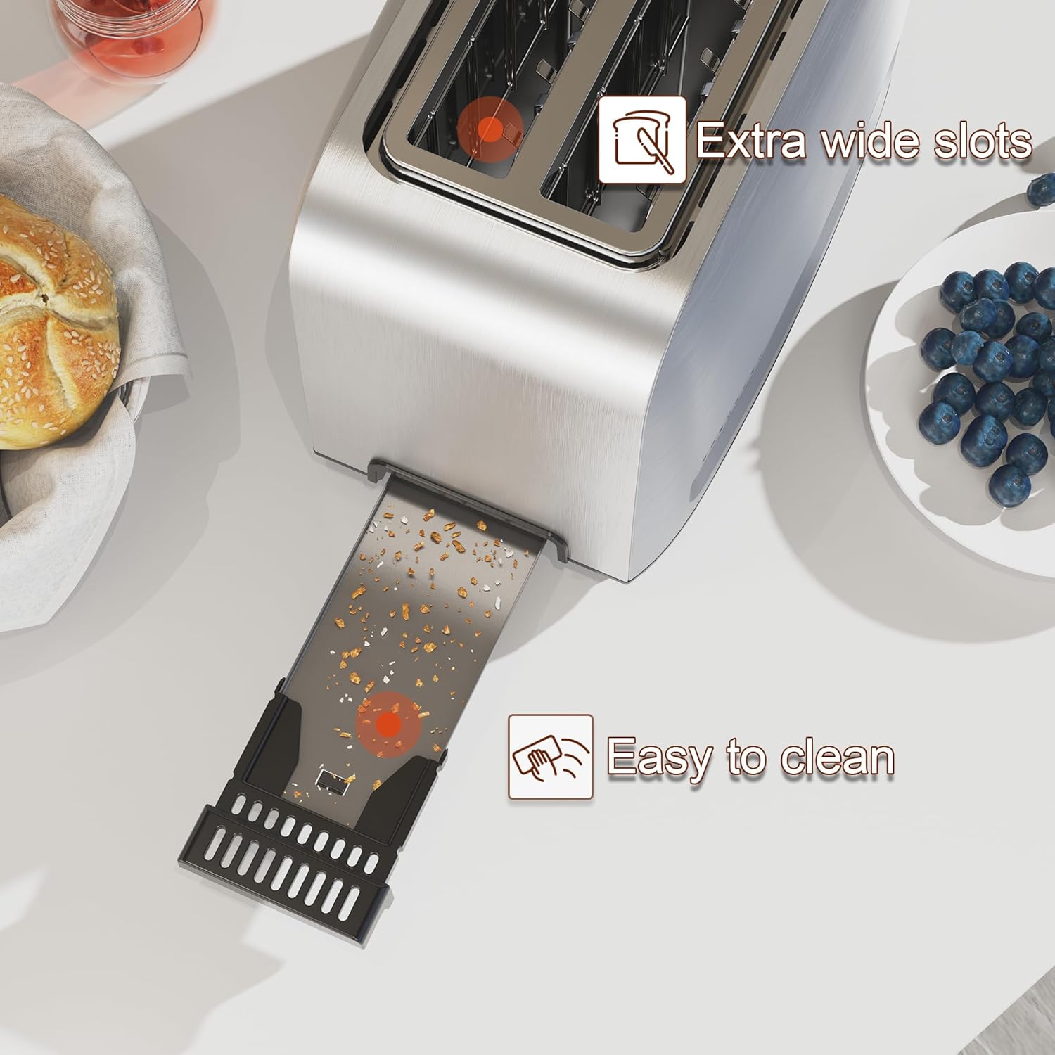 Runnatal 2 Slice Toaster, 100% Stainless Steel, Wide Slot Toaster Multifunctional with 7 Toast Settings, Defrost, BAGEL, Cancel Functions, Easy to Operate and Clean 120V 800W Silver Metallic - Image 4