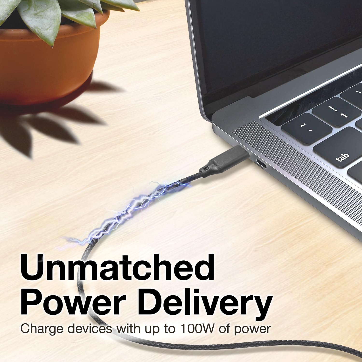 BoxWave Cable Compatible with Jumper J1 Convertible Laptop (16 in) - DirectSync PD Cable (10ft) - USB-C to USB-C (100W), Long Type C Braided Nylon Alloy Fast Charge - Jet Black - Image 4