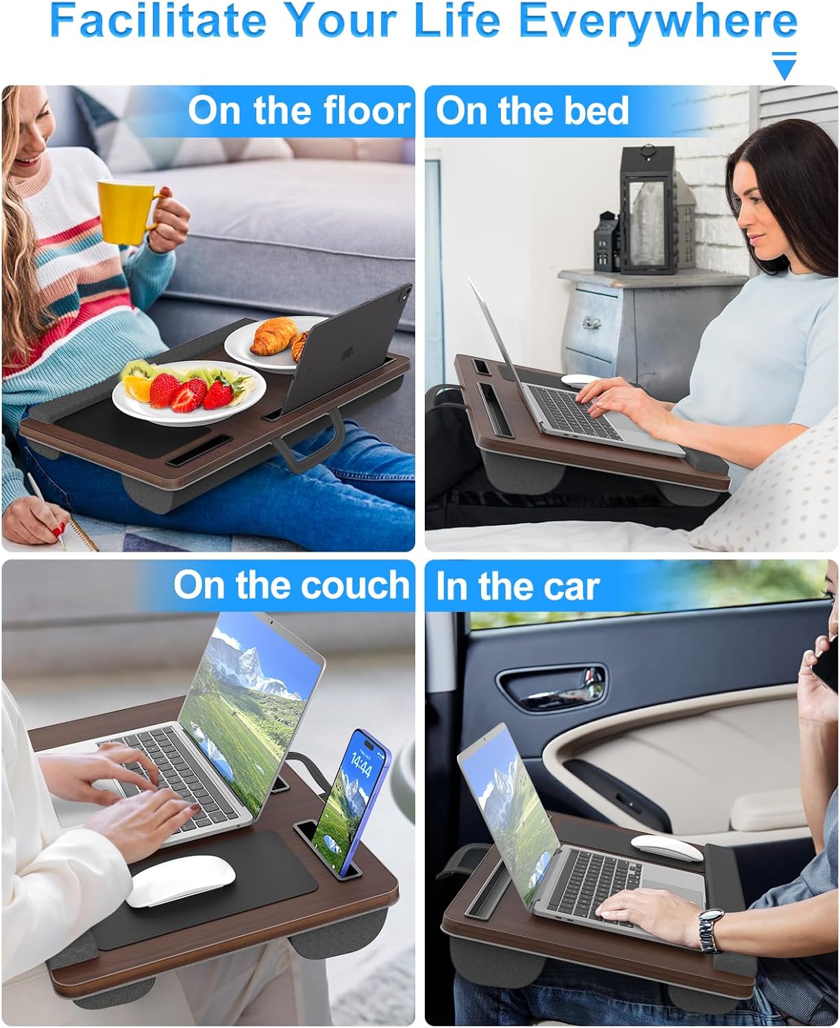 Laptop Lap Desk, Portable Large Laptop Desk for Bed, Up to 17 in Lap Table with Wrist Rest, Mouse Pad, Tablet Phone Slot, Portable Handle, Lap Tray with Cushion (Dark Brown) - Image 7
