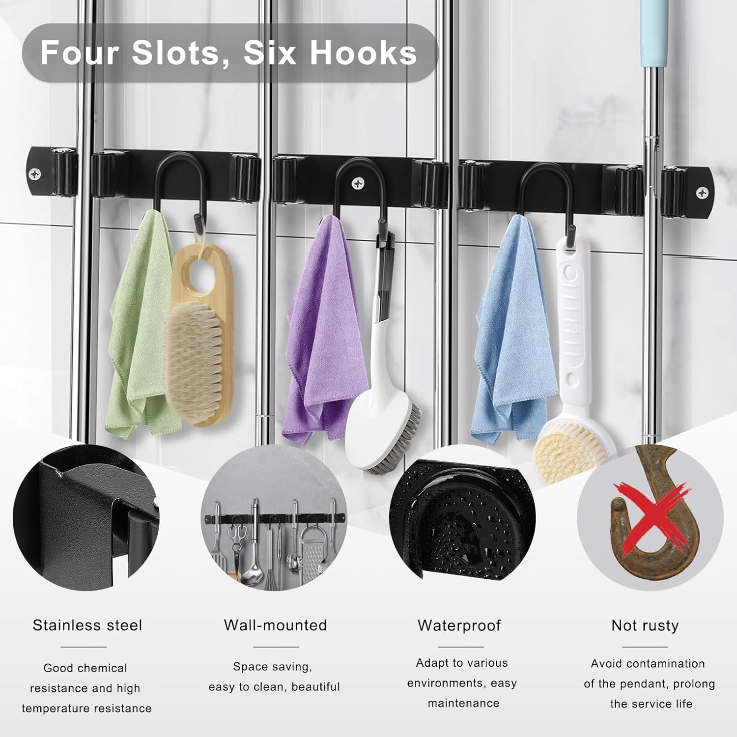 Mop Broom Holder Wall Mount, Black Stainless Steel Tool Storage Organizer for Kitchen Garden Garage Laundry Room Bathroom and RV with 4 Slots 6 Hooks - Image 3