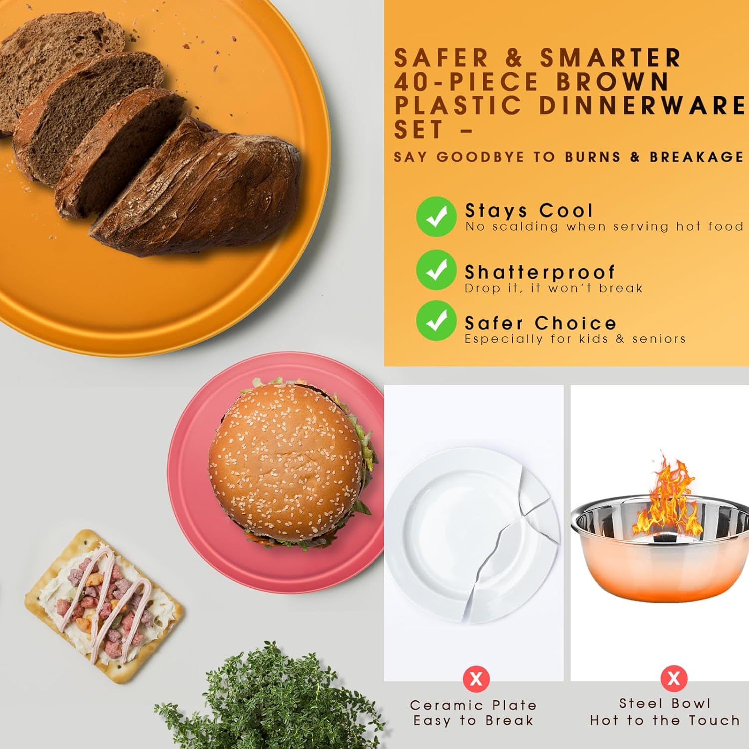 Boho Plastic Dinnerware Sets – 40-Piece Sunset Style Plates and Bowls Sets for 8, Reusable Unbreakable Dishes with Cups, Forks, Knives and Spoons, for Camping, Picnic or Everyday Use - Image 6