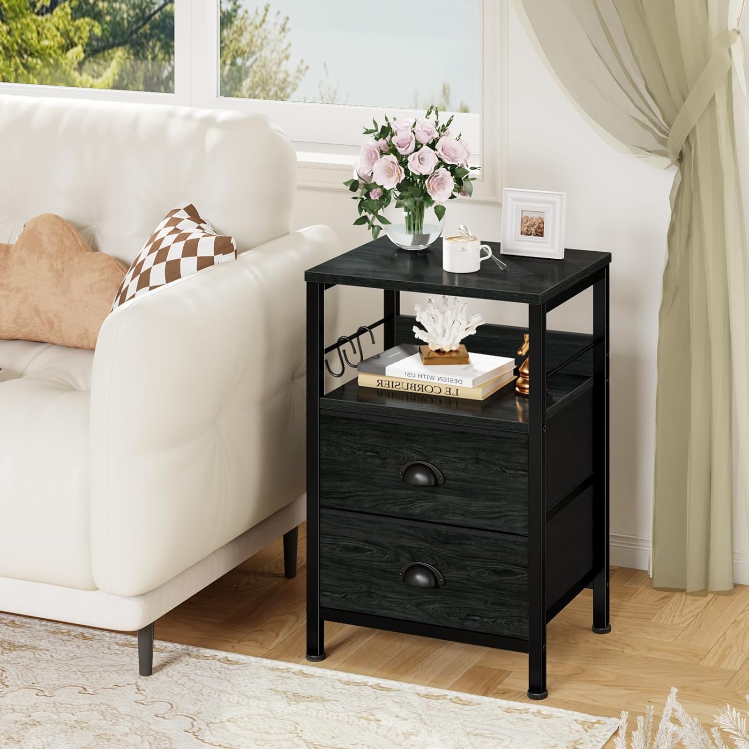Furologee Nightstands Set 2, End Tables with 2 Fabric Drawers, Bedside Tables with Hooks and Shelf, for Bedroom/Living Room/Study/Black Oak - Image 10