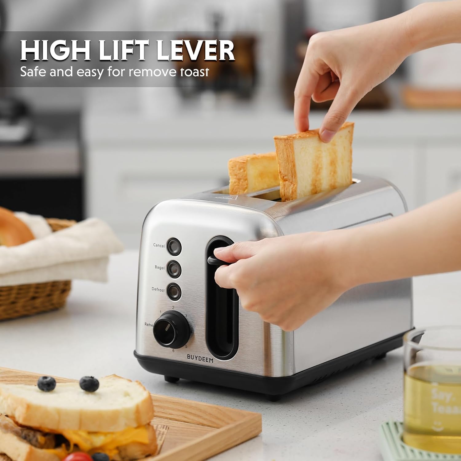 BUYDEEM DT420 2 Slice Toaster, Stainless Steel Toaster with Extra Wide Slots for Bagels, Muffins, High Lift Lever, 6 Shade Settings, Retro Sliver - Image 5