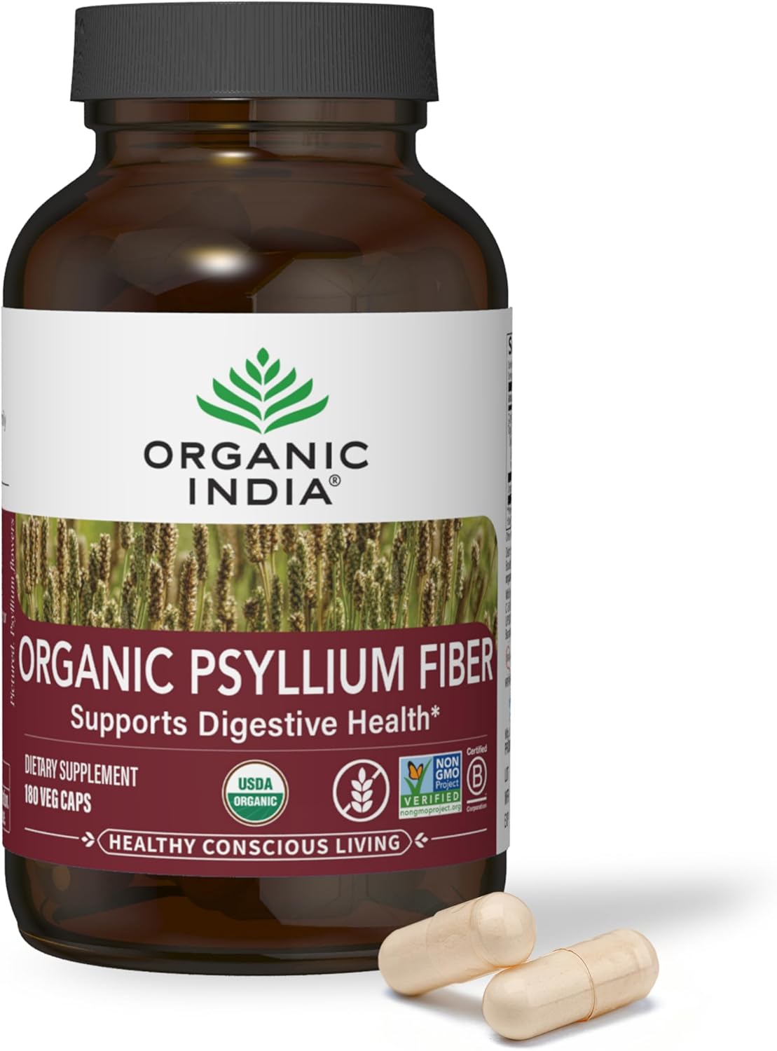 ORGANIC INDIA Psyllium Husk Capsules - Fiber Supplement, Healthy Elimination - Vegan, Keto Friendly, Gluten-Free, USDA Certified Organic, Non-GMO, Soluble & Insoluble Fiber Source - 180 Count - Image 2