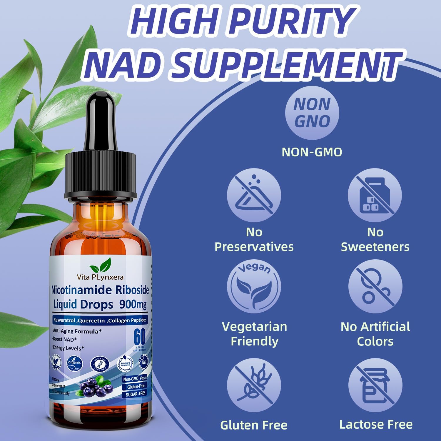 NAD Supplements for Women & Men, NAD Nicotinamide Riboside Resveratrol 900mg & Quercetin, Niacin, Collagen, Biotin, Liquid NAD Plus Supplement NR900 For Anti-Aging Skin Energy Longevity Focus Brain - Image 9