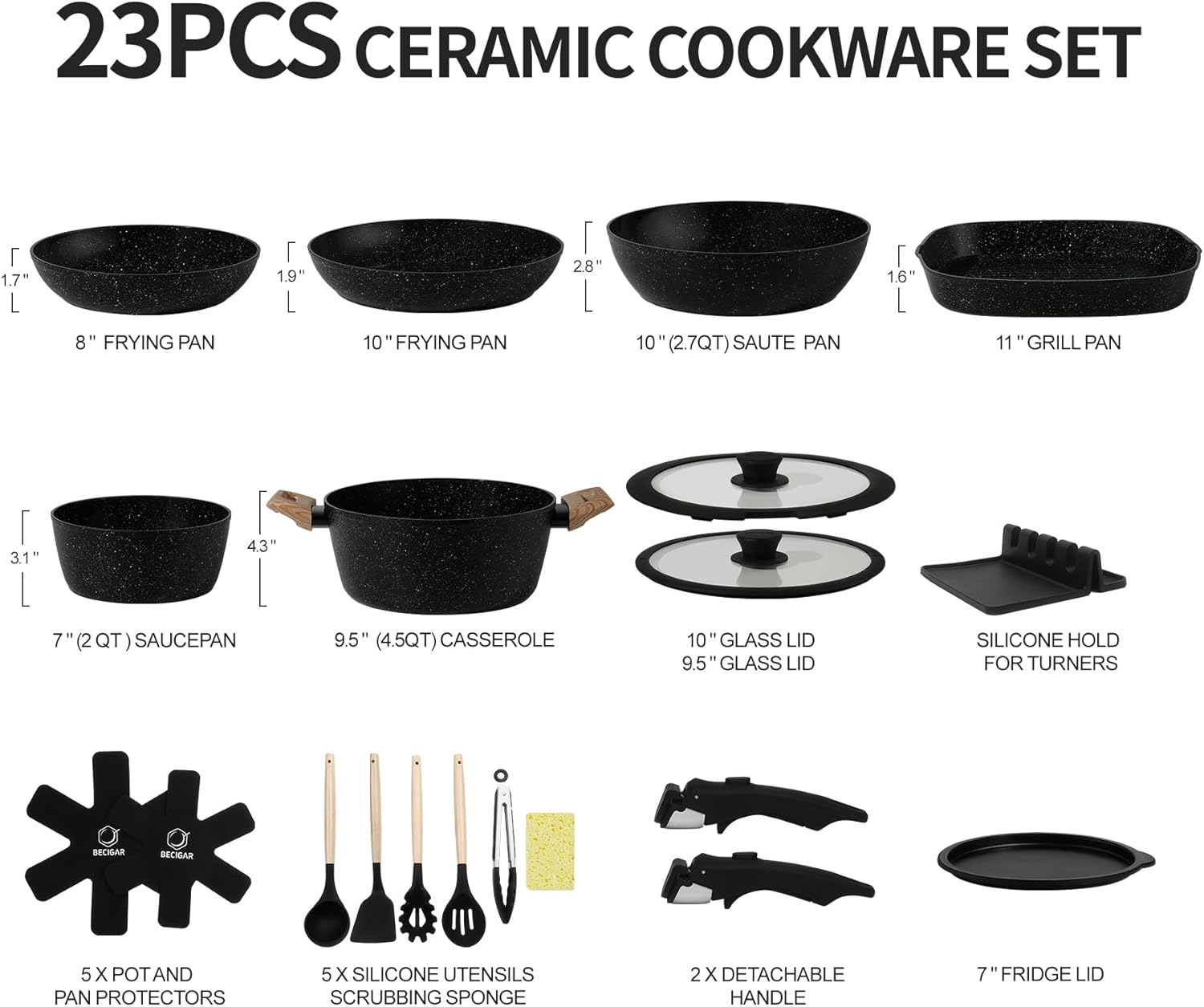 23pcs Ceramic Pots and Pans Set, Nonstick Detachable Handle Cookware, Induction Kitchen Cooking Set with Removable Handle,include Frying Pans & Saucepans Oven Safe (Black) - Image 3